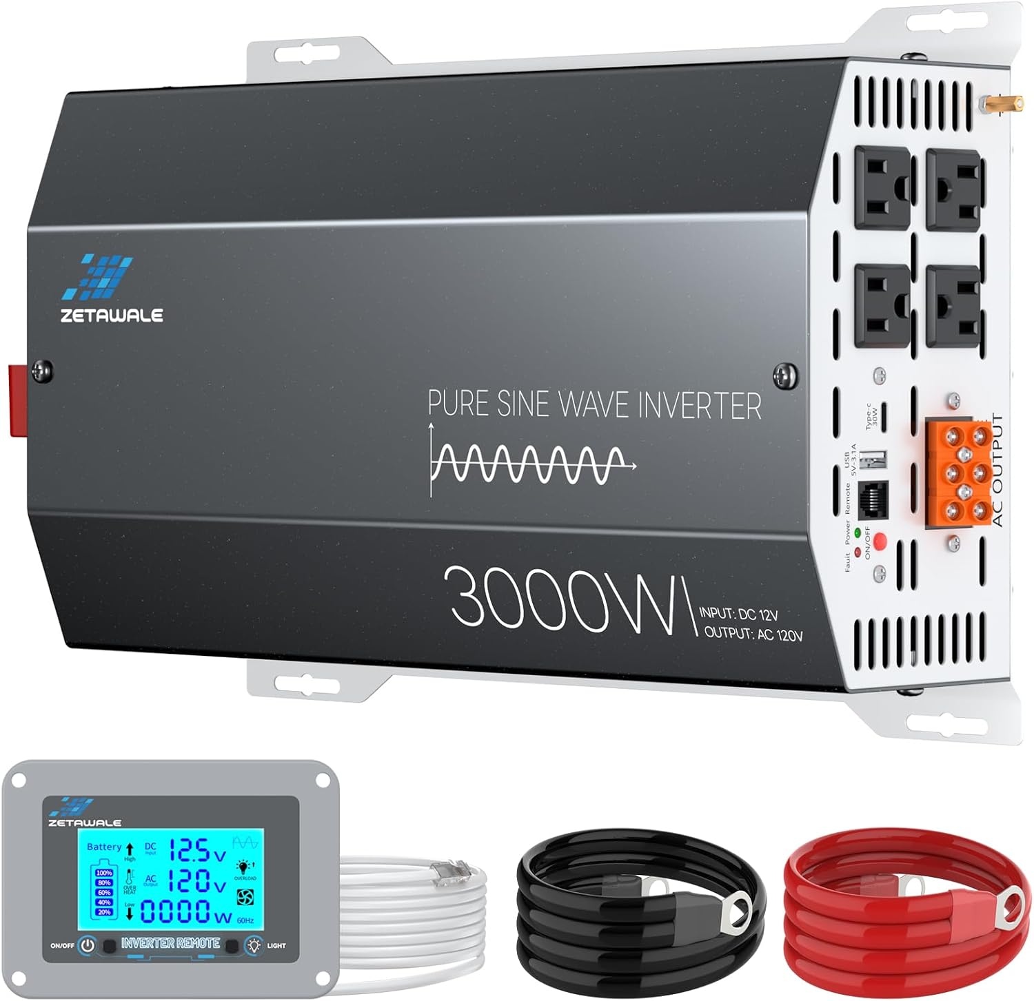 Detalle de 3000 Watts Pure Sine Wave Inverter 12V DC to 110V/120V AC with 6000W Peak, LCD Remote, USB-C & 4 Outlets