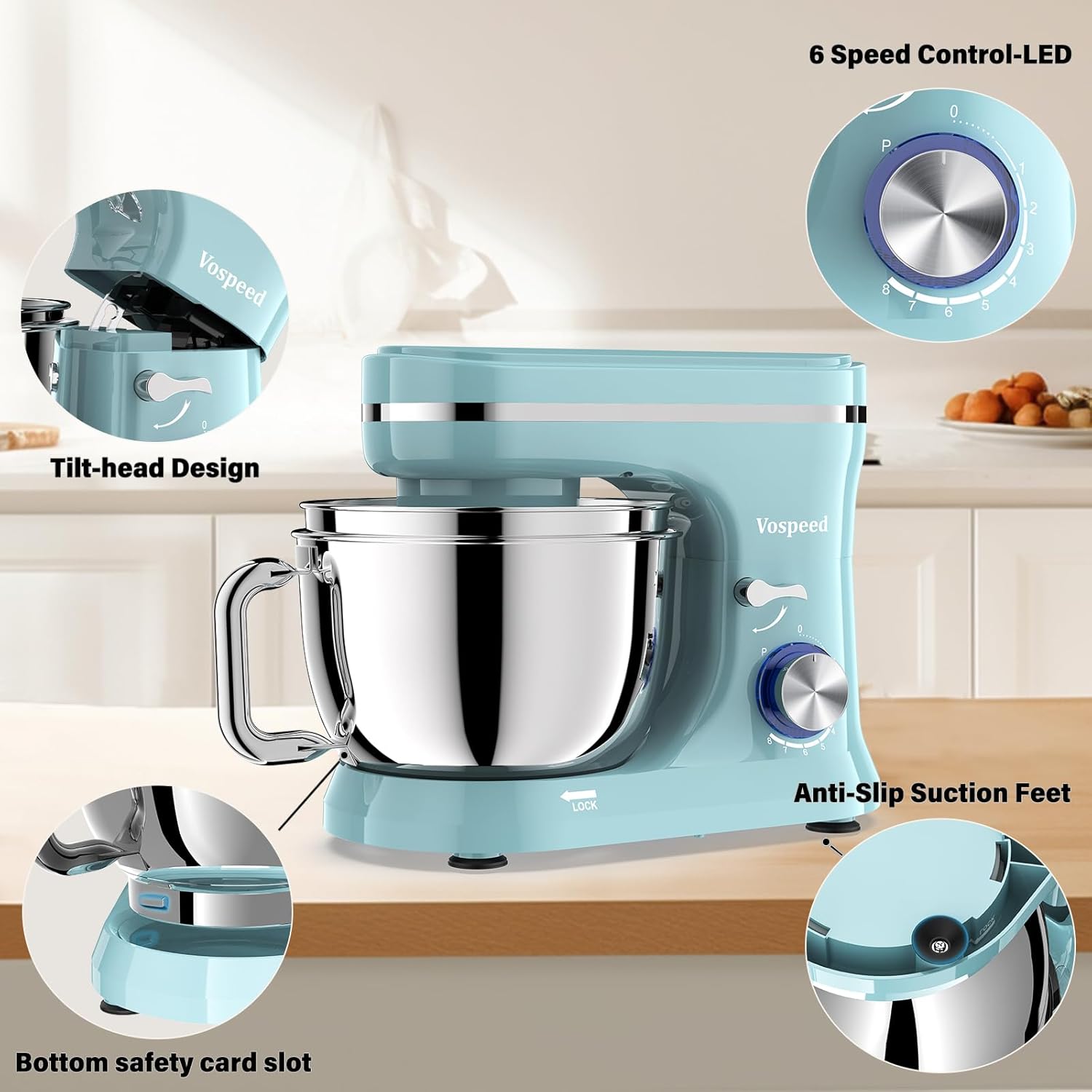 Thumbnail 5 de Vospeed Stand Mixer with 4.5L + 5L bowls, 8-speed 1000W tilt-head electric mixer