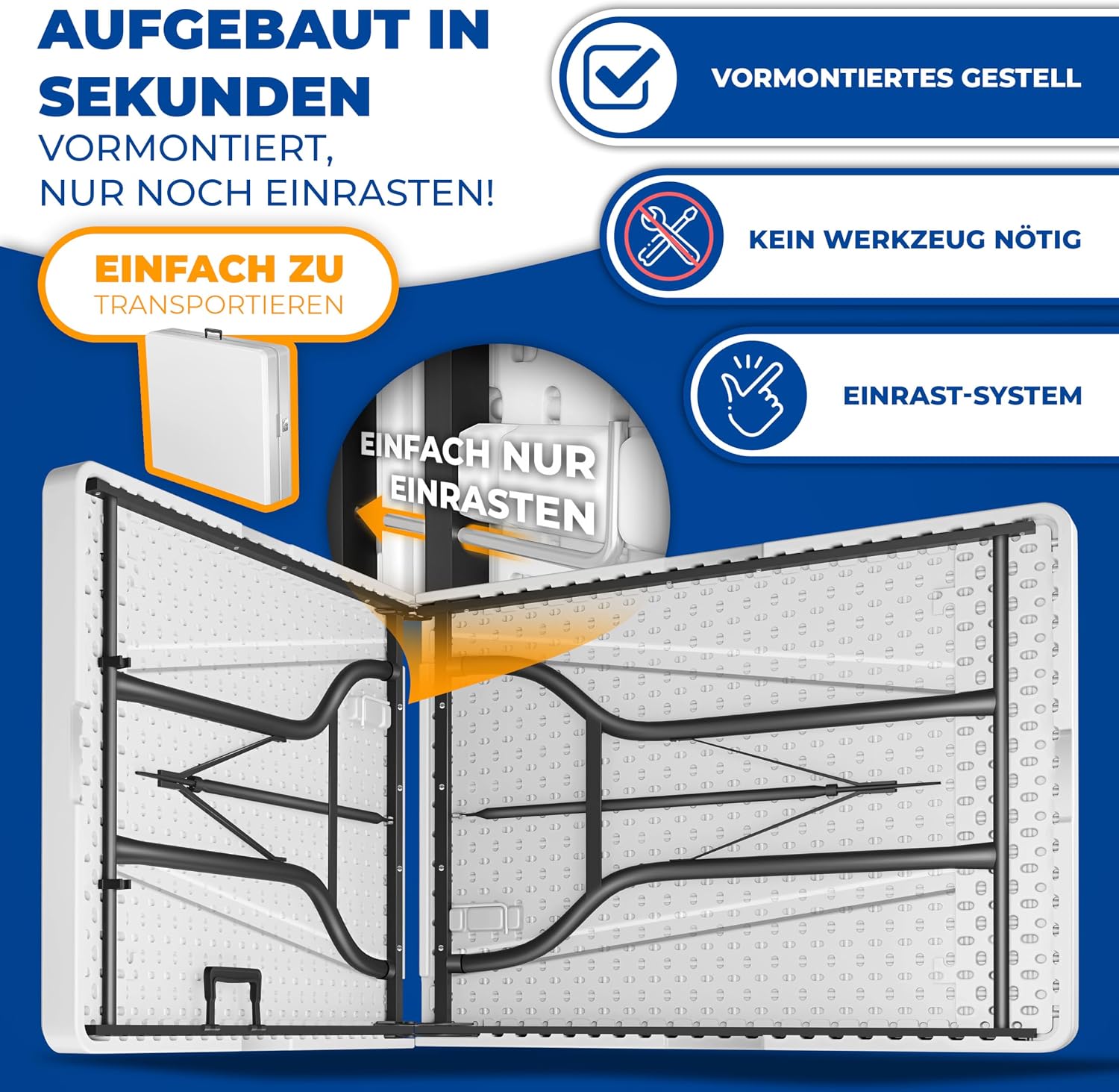 Detalle 2 de KESSER® Buffettisch klappbar aus Kunststoff (183 x 76 cm) – Campingtisch & Partytisch für bis zu 6 Personen, inkl. Cover & Tragegriff