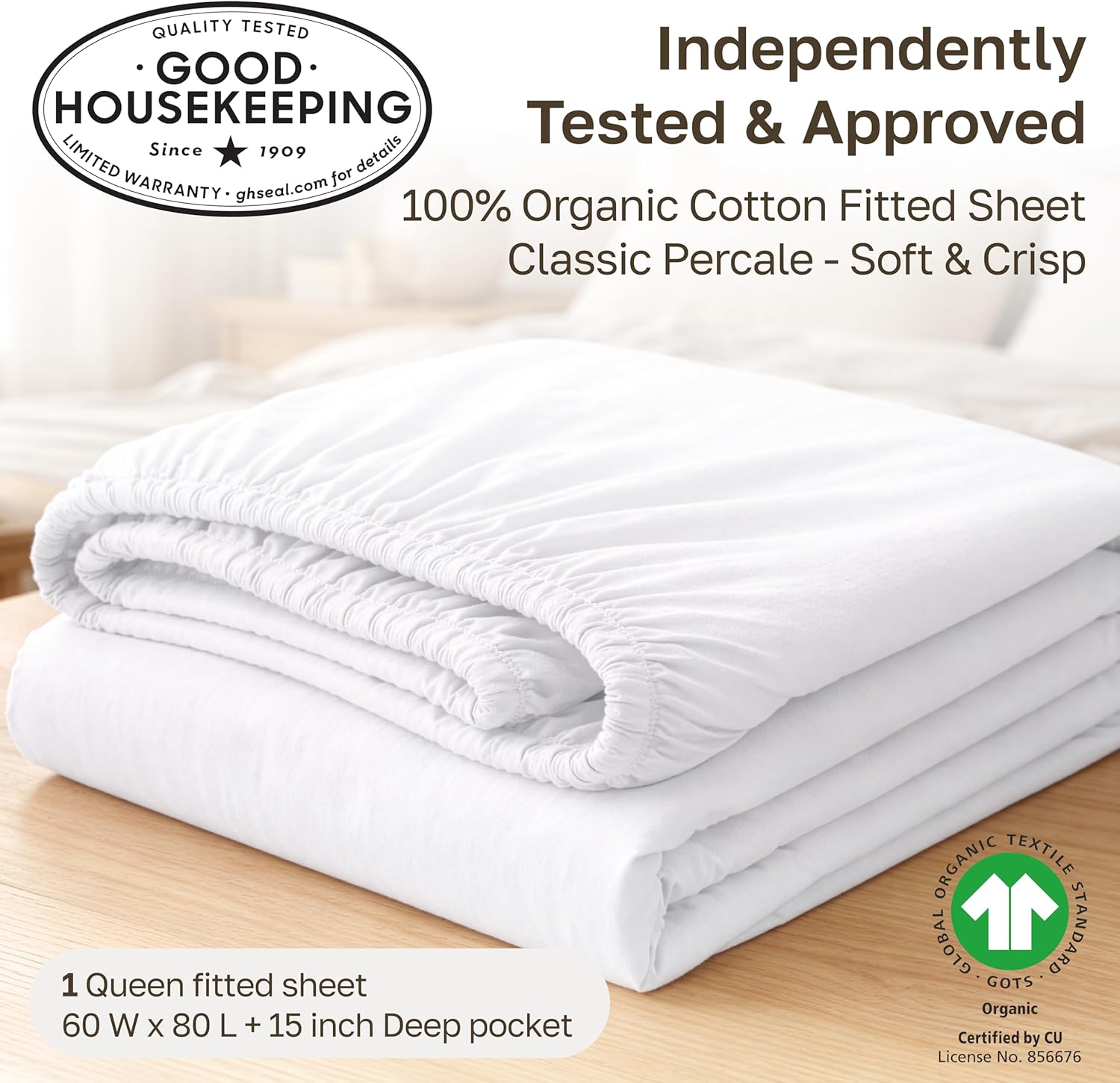Detalle de Organic Cotton Percale Fitted Sheet 300TC