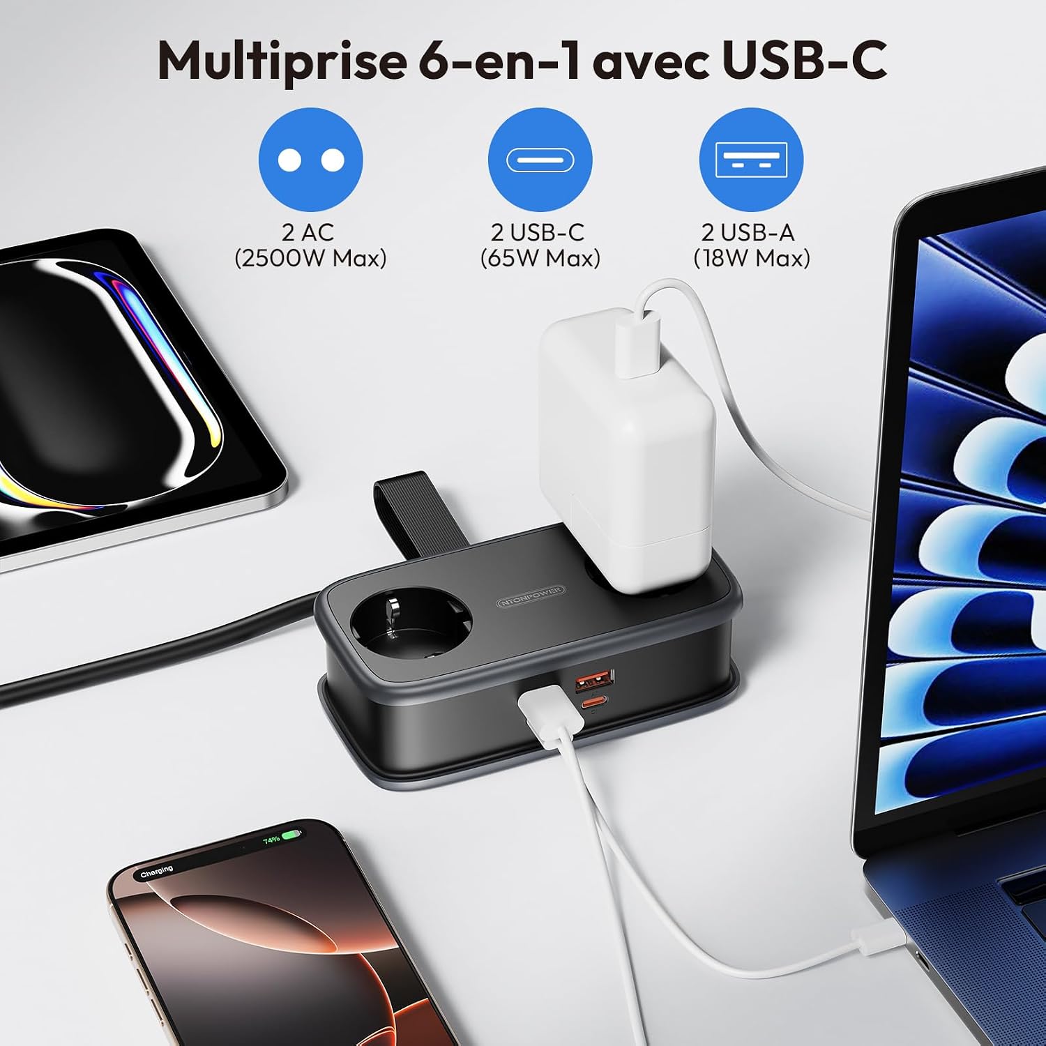 Thumbnail 3 de NTONPOWER Multiprise USB‑C GaN 65W avec 2 USB et câble 1,5 m 🔌
