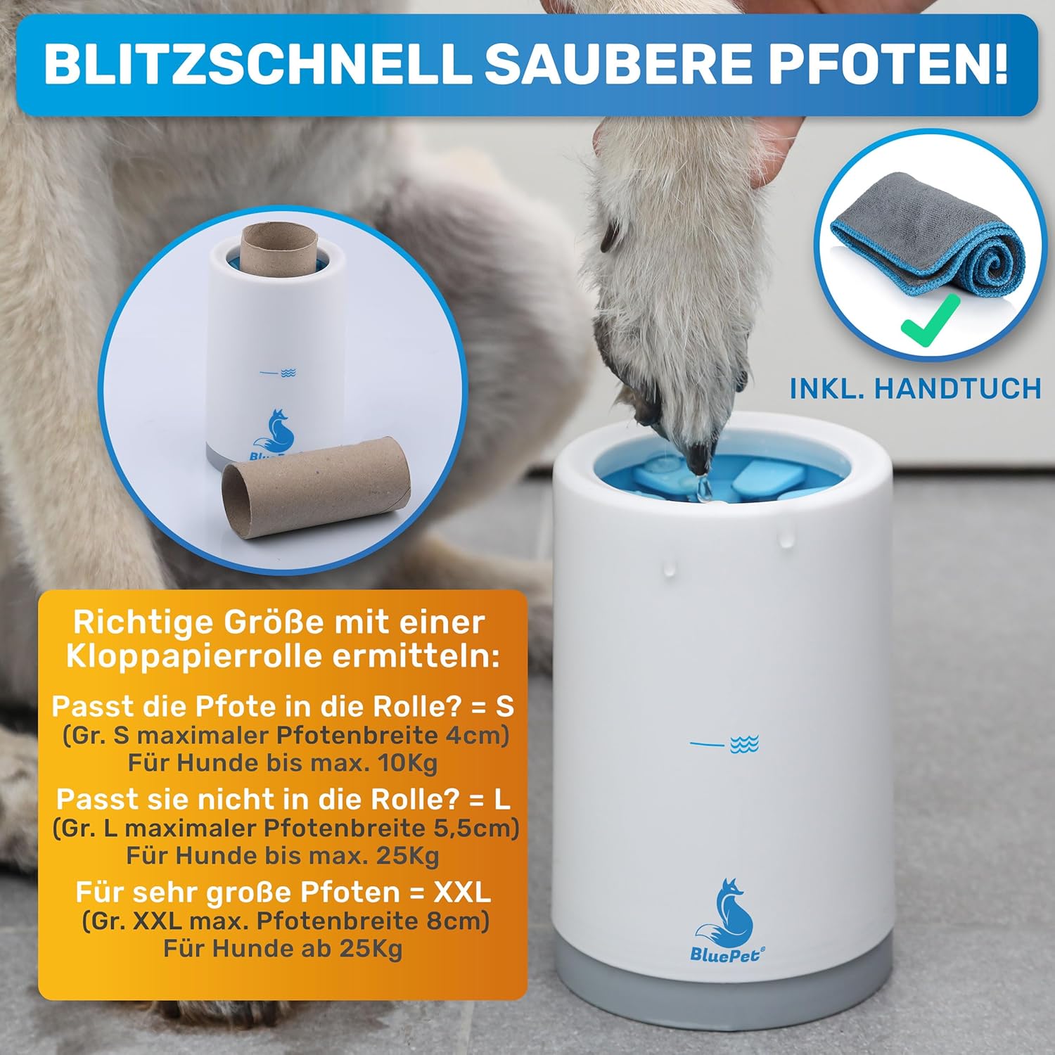 Detalle de BluePet Pfotenreiniger XXL – pfotenreinigung inkl. Mikrofaser-Handtuch