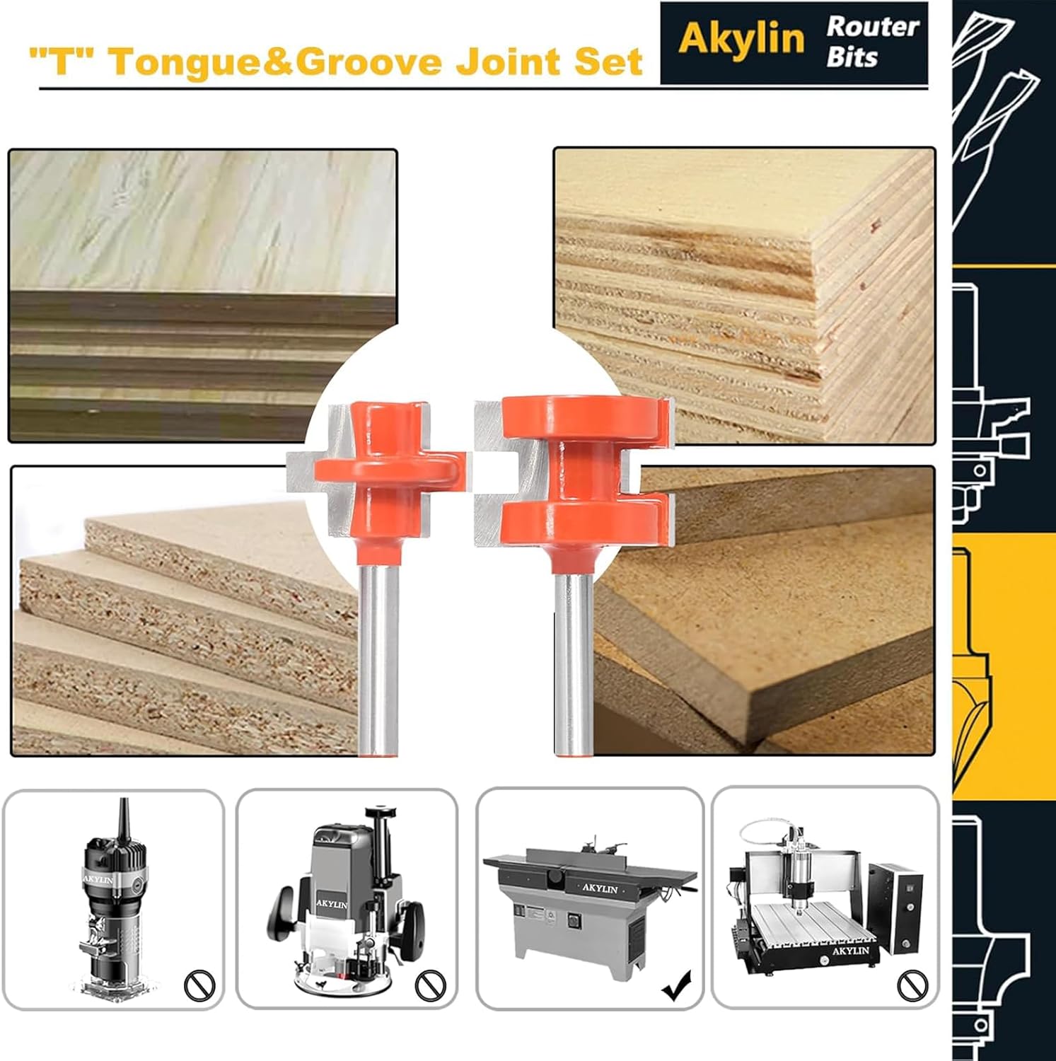 Thumbnail 5 de 2pcs T Tongue and Groove Joint Set for Router Bits, 1/4" Shank, Carbide Tipped