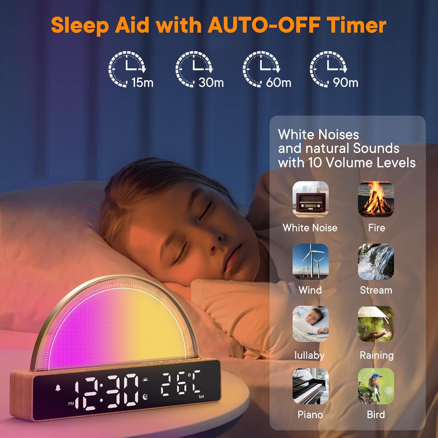 Detalle de Réveil lumineux avec simulation de lever du soleil, lampe à 7 couleurs et mode sommeil (snooze, 6 sonneries, 10 sons)