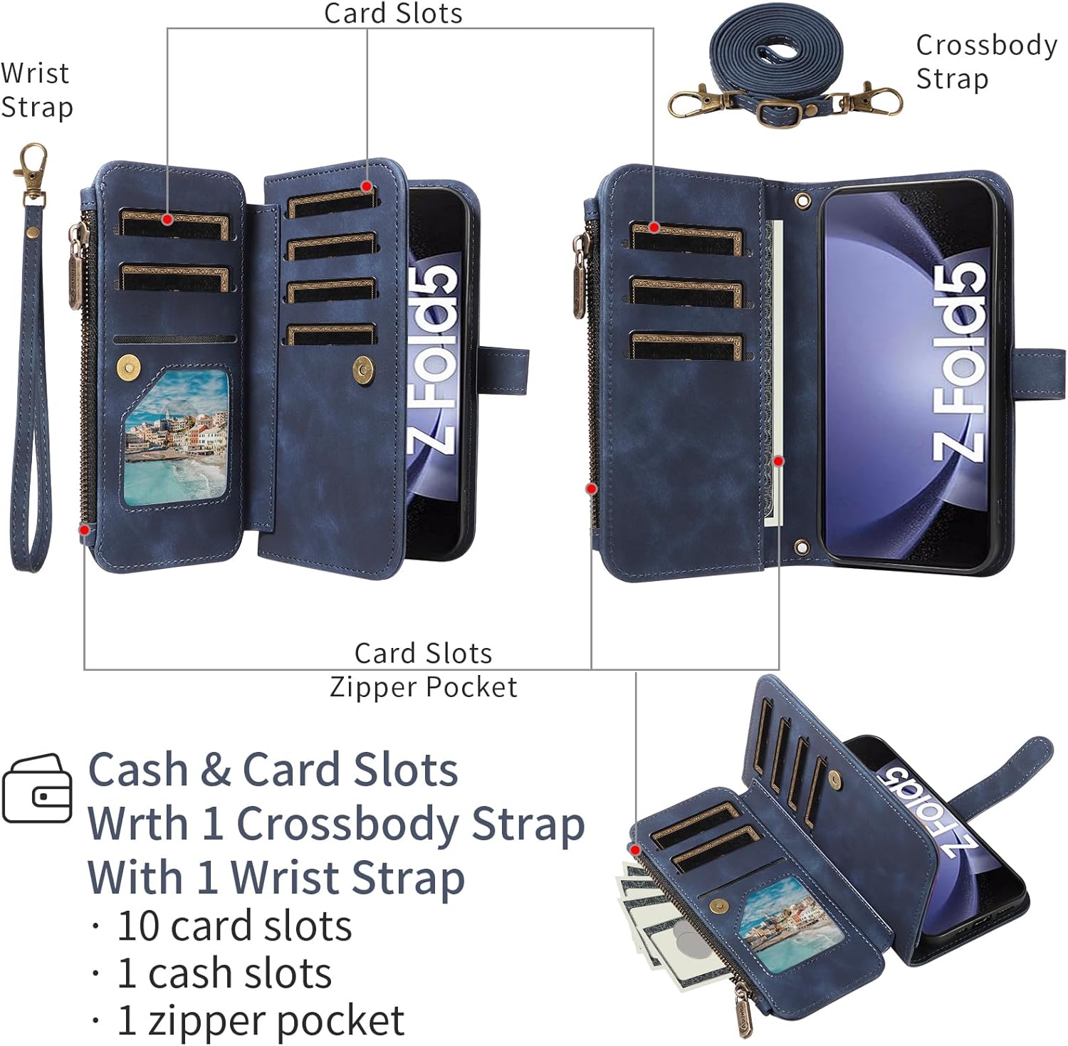 Thumbnail 1 de Asuwish Wallet Case with Crossbody Strap for Samsung Galaxy Z Fold 5 (2023)