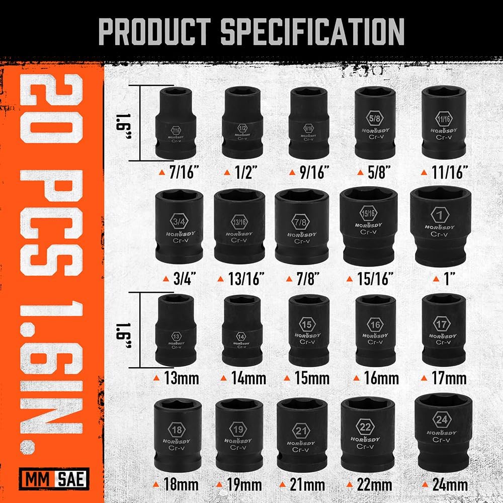 Detalle de HORUSDY 84012 1/2-Inch Drive Shallow Impact Socket Set, SAE and Metric, 6-Point