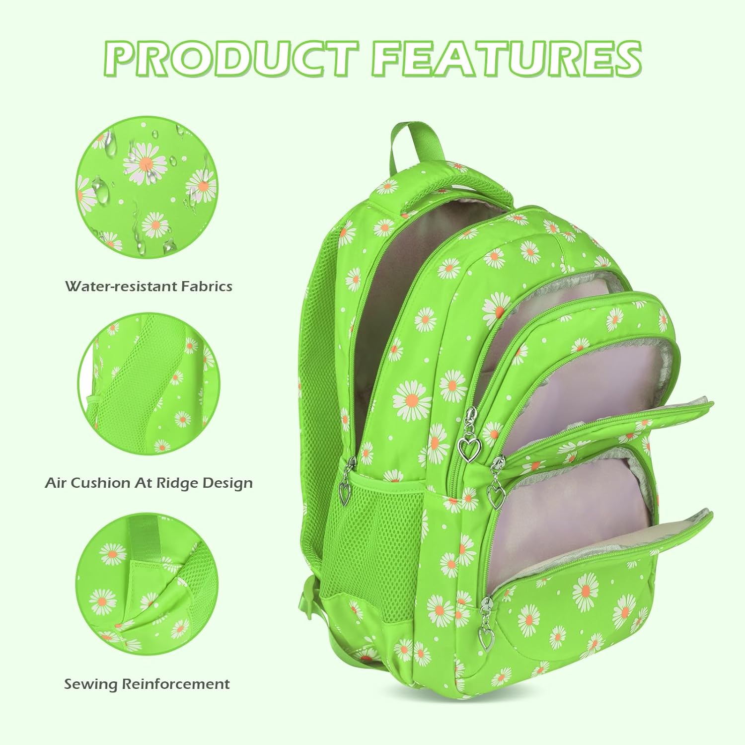 Detalle de SIVENKE Daisy Printed School Backpack Set with Lunch Bag and Pencil Case – 3-Piece Nylon, Water-Resistant, Lightweight