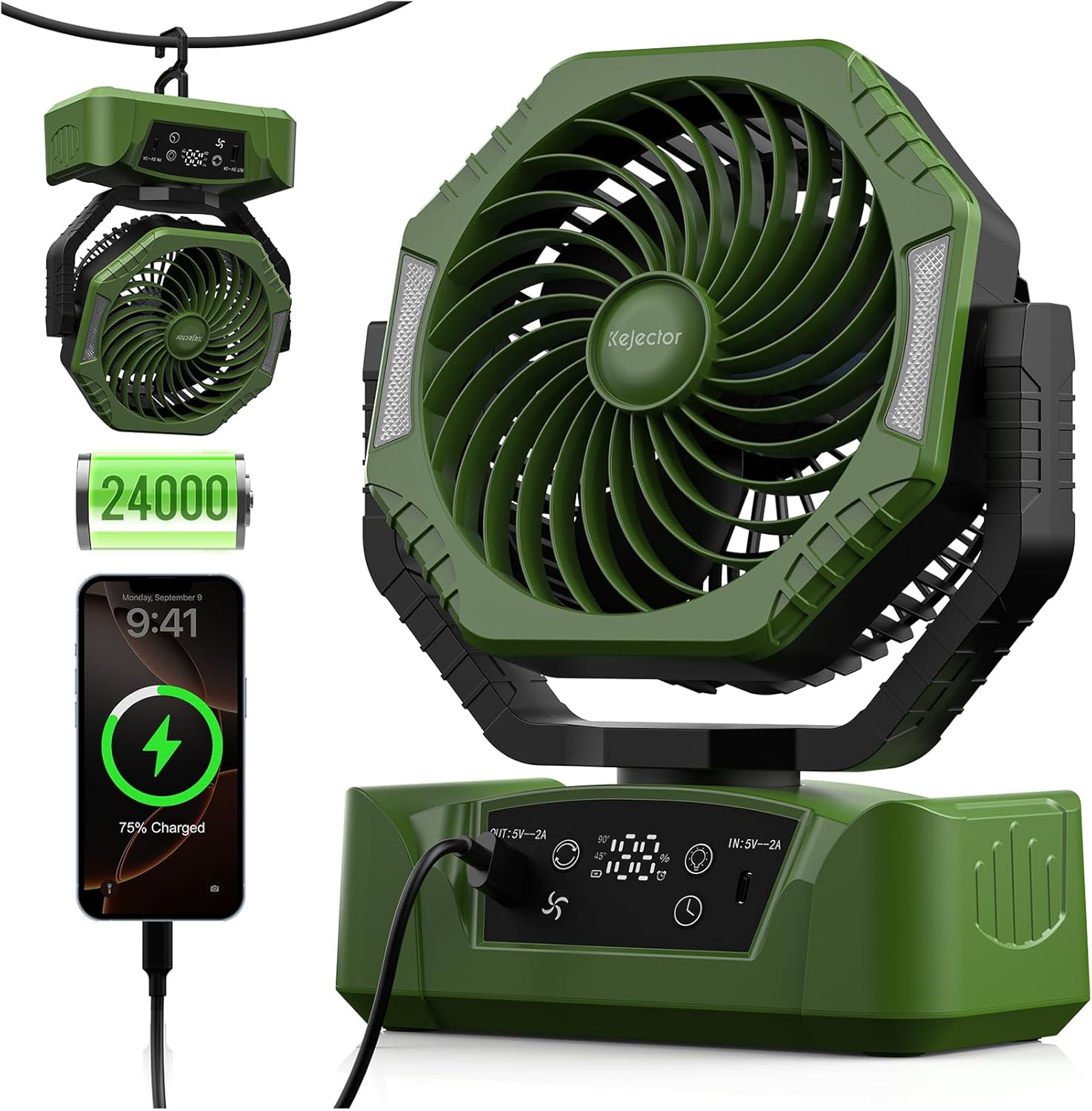 Detalle de kejector Camping Fan with Led Light 24000mAh – Portable Ceiling & Desk Fan