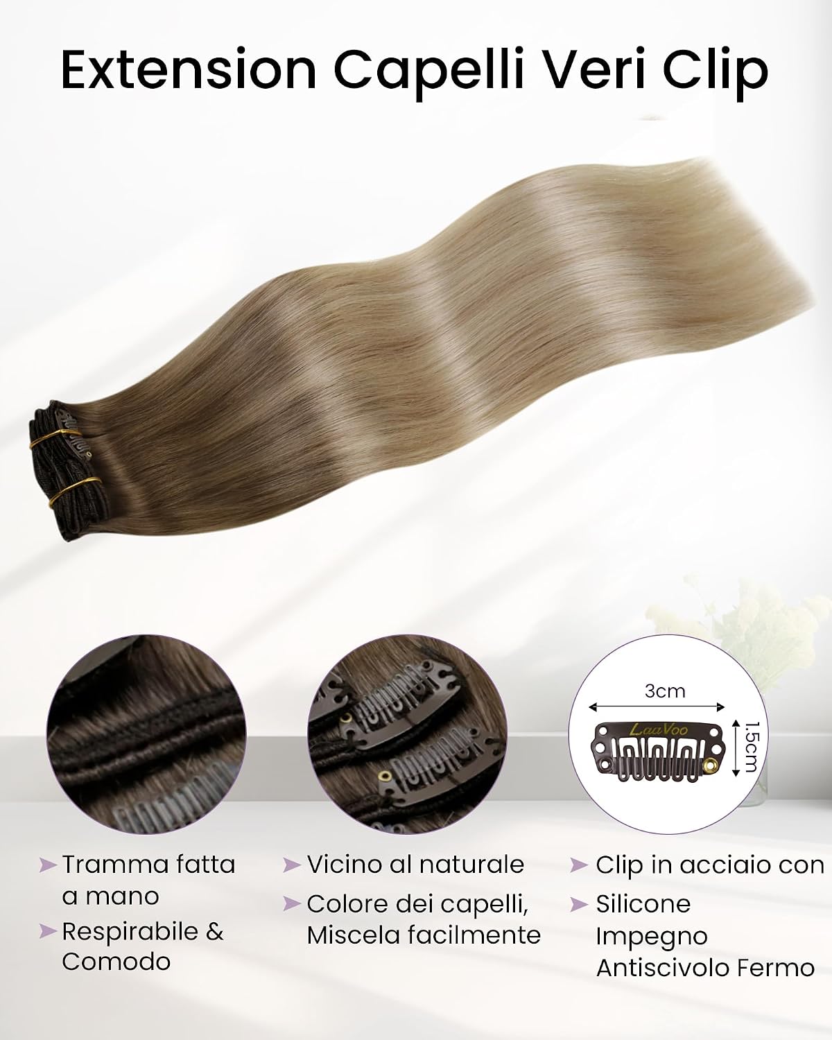Detalle de LaaVoo Extension Capelli Veri Clip 40 cm Balayage Marrone Chiaro/Platino #8/18/60 – 5 ciocche Remy