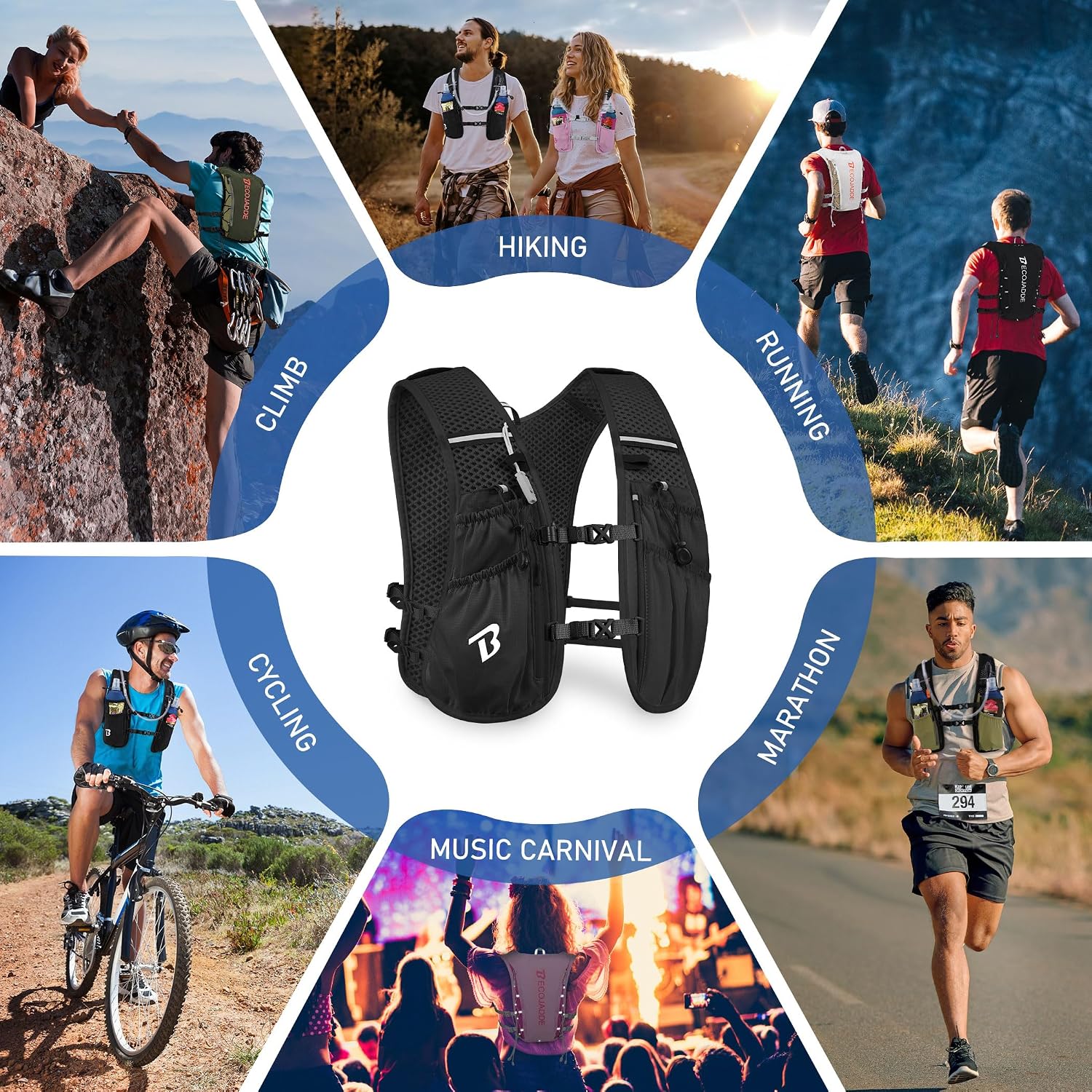 Thumbnail 6 de Becojadde 5L/6L Hydration Running Vest: Lightweight Water Backpack for Marathon, Trail, Cycling & Hiking
