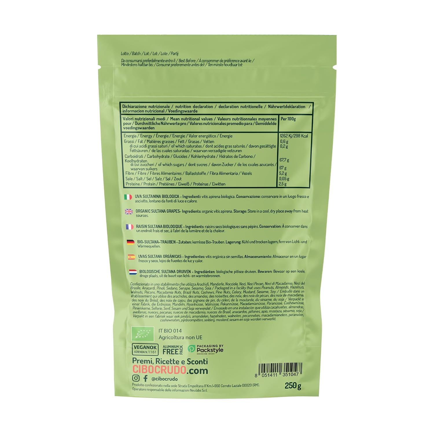 Detalle de Sultaninen Bio Ungeschwefelt – 250 g: Roh, vegan und ohne Zuckerzusatz