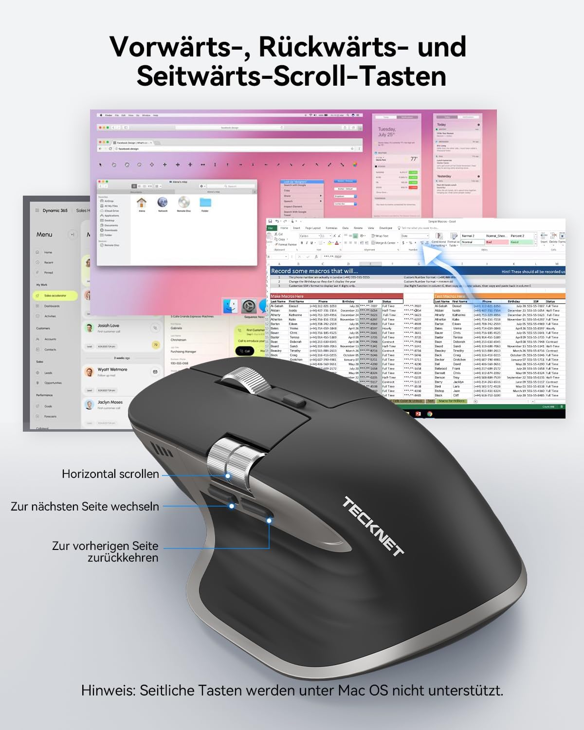 Detalle de TECKNET Bluetooth kabellose Maus – Ergonomische 7-Tasten-Maus mit Daumenrad, 4800 DPI, BT 5.3/5.0 + 2,4 GHz, USB-C Schnellladung