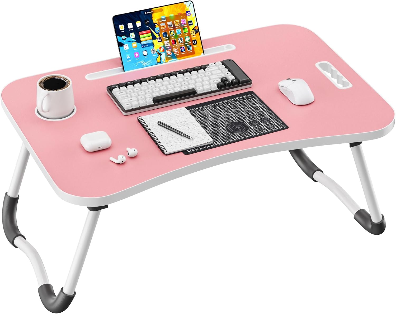 Detalle de Frpufi LD002 Folding Lap Desk, 23.6-Inch Wood Bed Table with Cup Holder, Pink