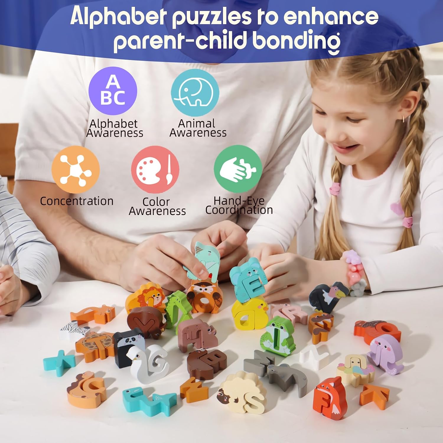 Detalle 2 de Wooden Alphabet Animal Peg Puzzles 52-piece 🧩