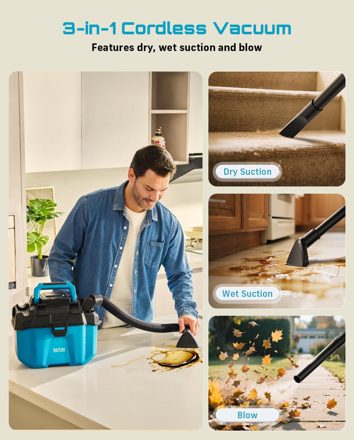 Thumbnail 4 de Seesii K-903 21V Cordless Wet/Dry Shop Vacuum, 2.6-Gallon, HEPA Filter