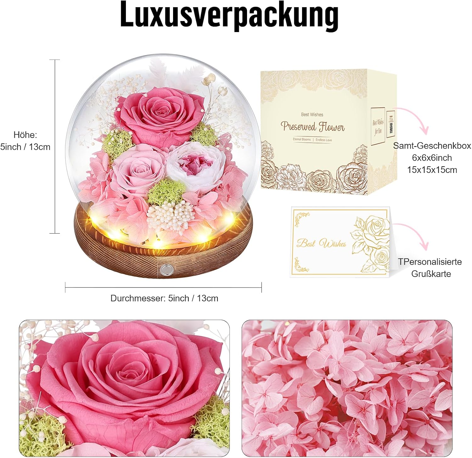 Detalle 1 de Ewige Rose im Glas mit LED-Licht – Infinity Rose in Glaskuppel