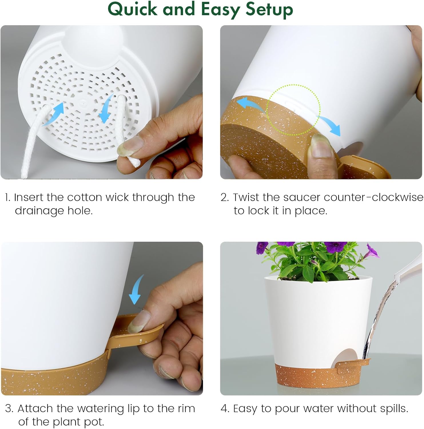 Thumbnail 2 de WSMKSZ 25cm Large Self-Watering Plant Pots (3 Pack) with Deep Reservoirs, Cotton Wicks, White/Brown