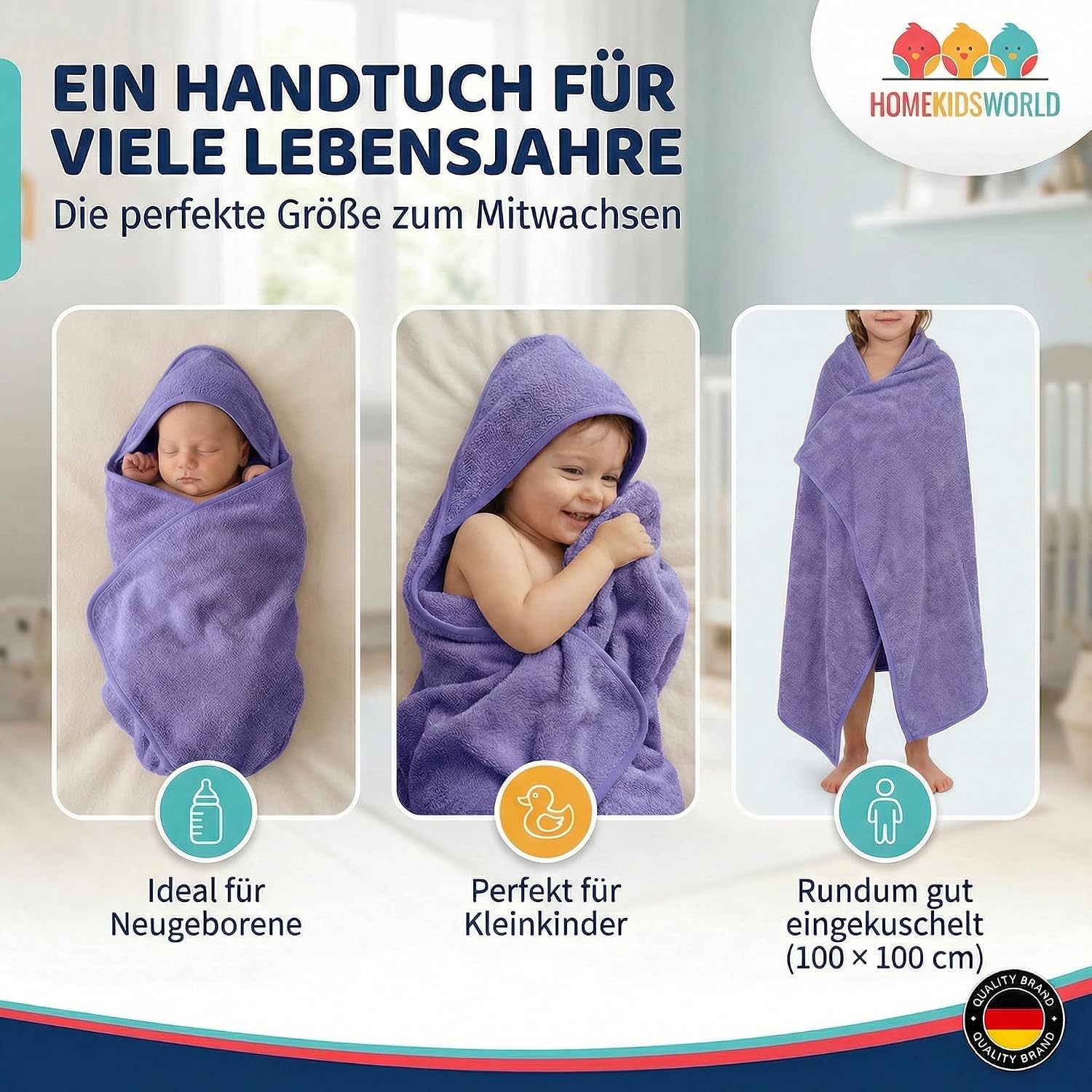 Detalle de Home Kids World Kapuzenhandtuch Baby 100x100 cm (beige) – Weiches Handtuch mit Kapuze in Geschenkbox