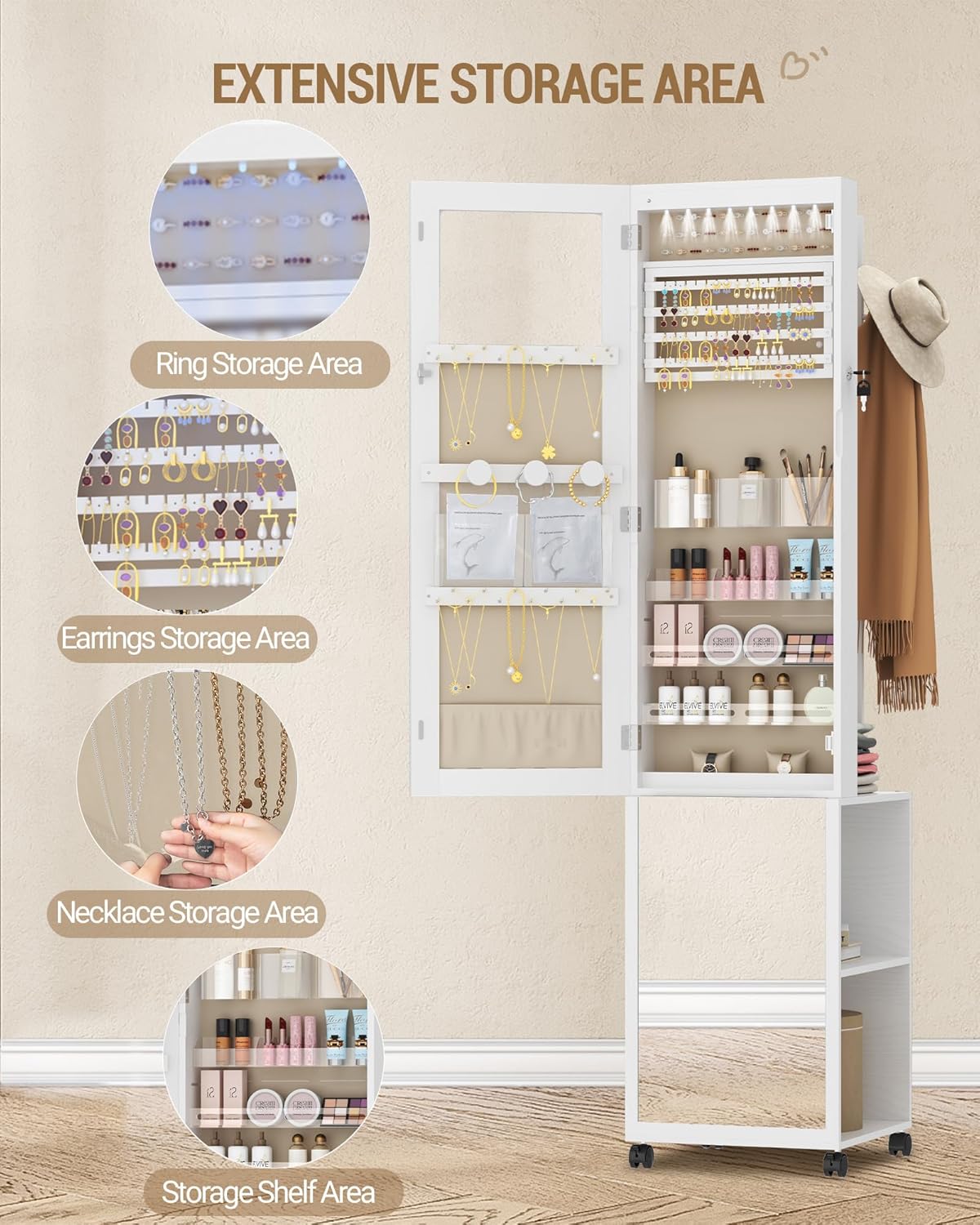 Thumbnail 4 de Hzuaneri Armoire à Bijoux 8 LEDs 175 cm – Organisateur sur Pied avec Miroir Verrouillable et Porte-Vêtements