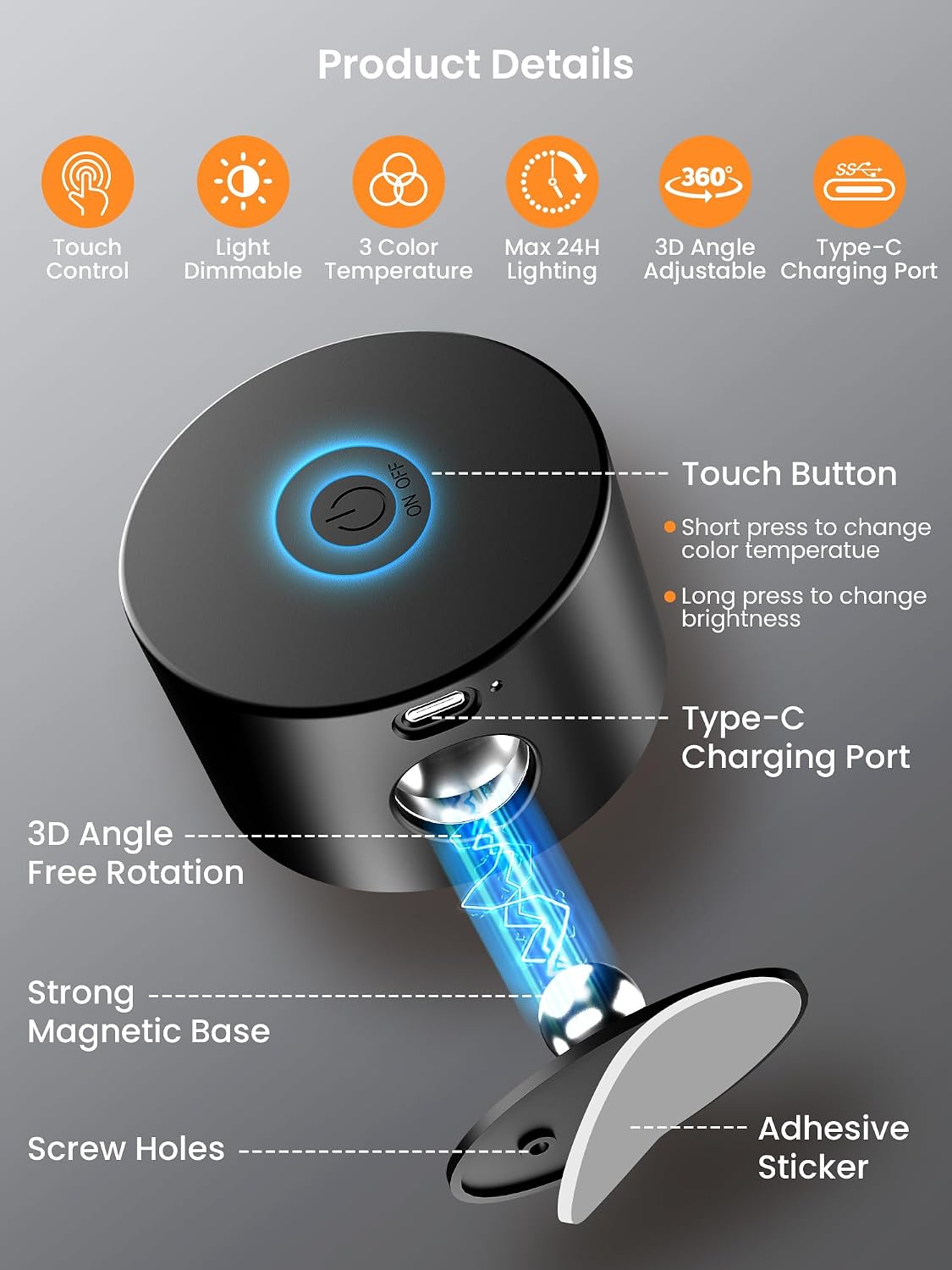 Detalle 2 de ESUNYD 11009 Rechargeable Wall Sconce, Dimmable with 3 Light Colours