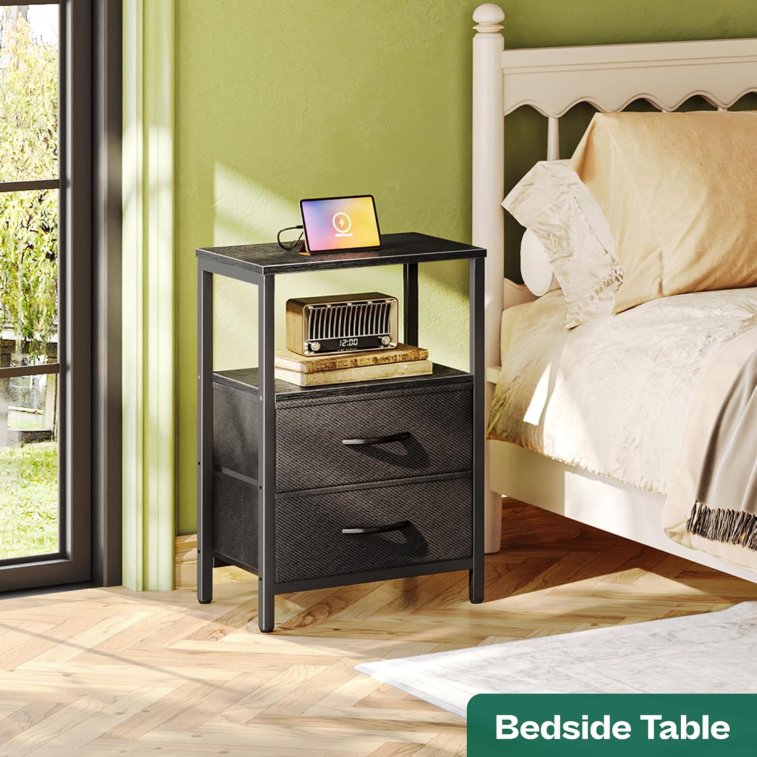 Detalle 2 de Huuger Nightstand with Charging Station, 4 Fabric Drawers and Open Shelf