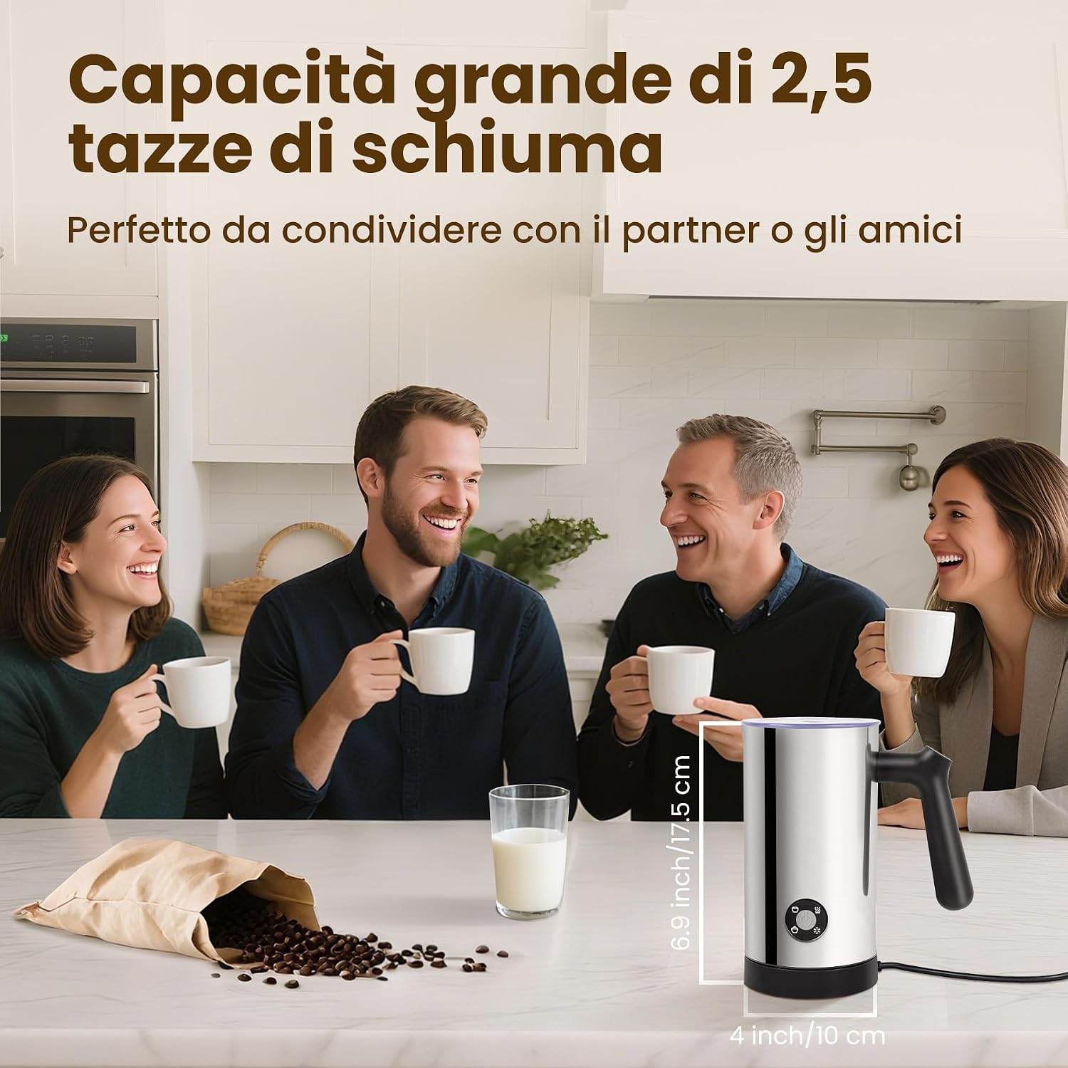 Detalle de Montalatte Elettrico 4 in 1 in acciaio inox 300 ml – versatilità per capuccino, caffè e cioccolata