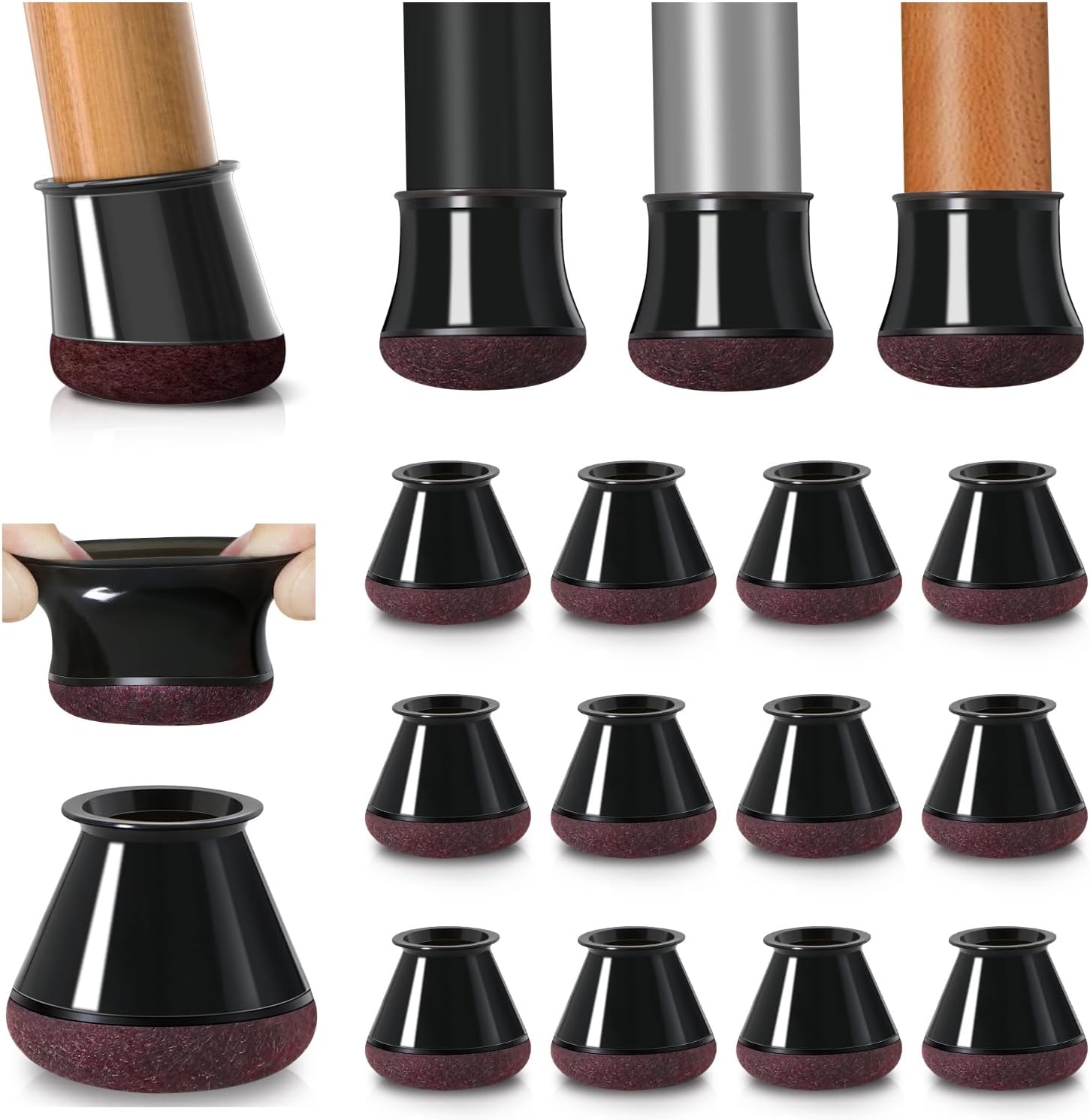 Detalle de 20 Stück Schutzkappen für Stuhlbeine mit Filz – runde Bodenschoner, Durchmesser 20–30 mm, Schwarz