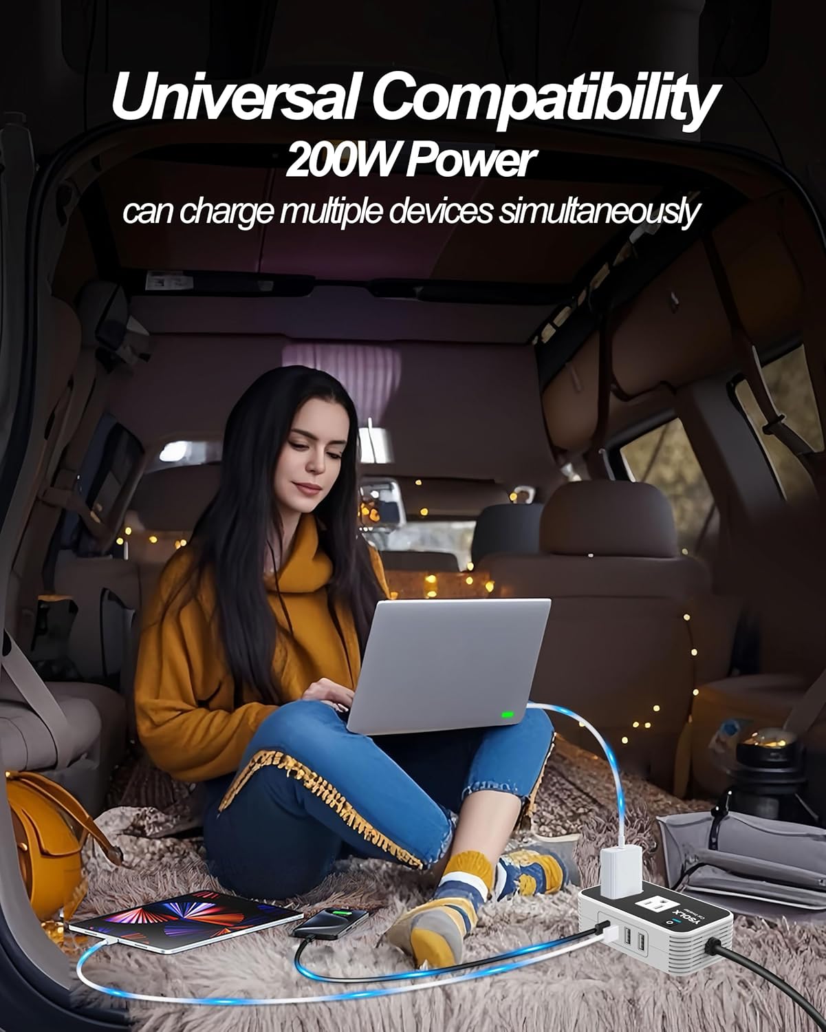 Detalle de YSOLX 200W Car Power Inverter (12V to 110V) with 2 AC Outlets and 4 USB Fast Charging