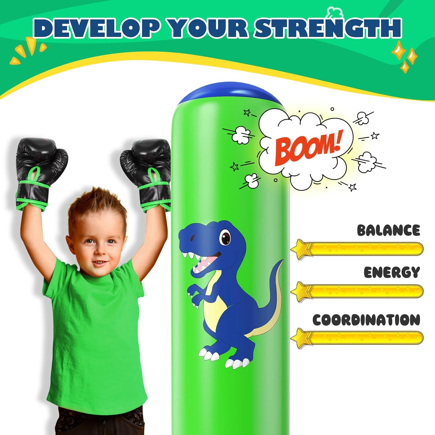 Thumbnail 1 de QPAU Inflatable Kids Punching Bag (66 inch) with Dinosaur Boxing Gloves – training toy for ages 3–8