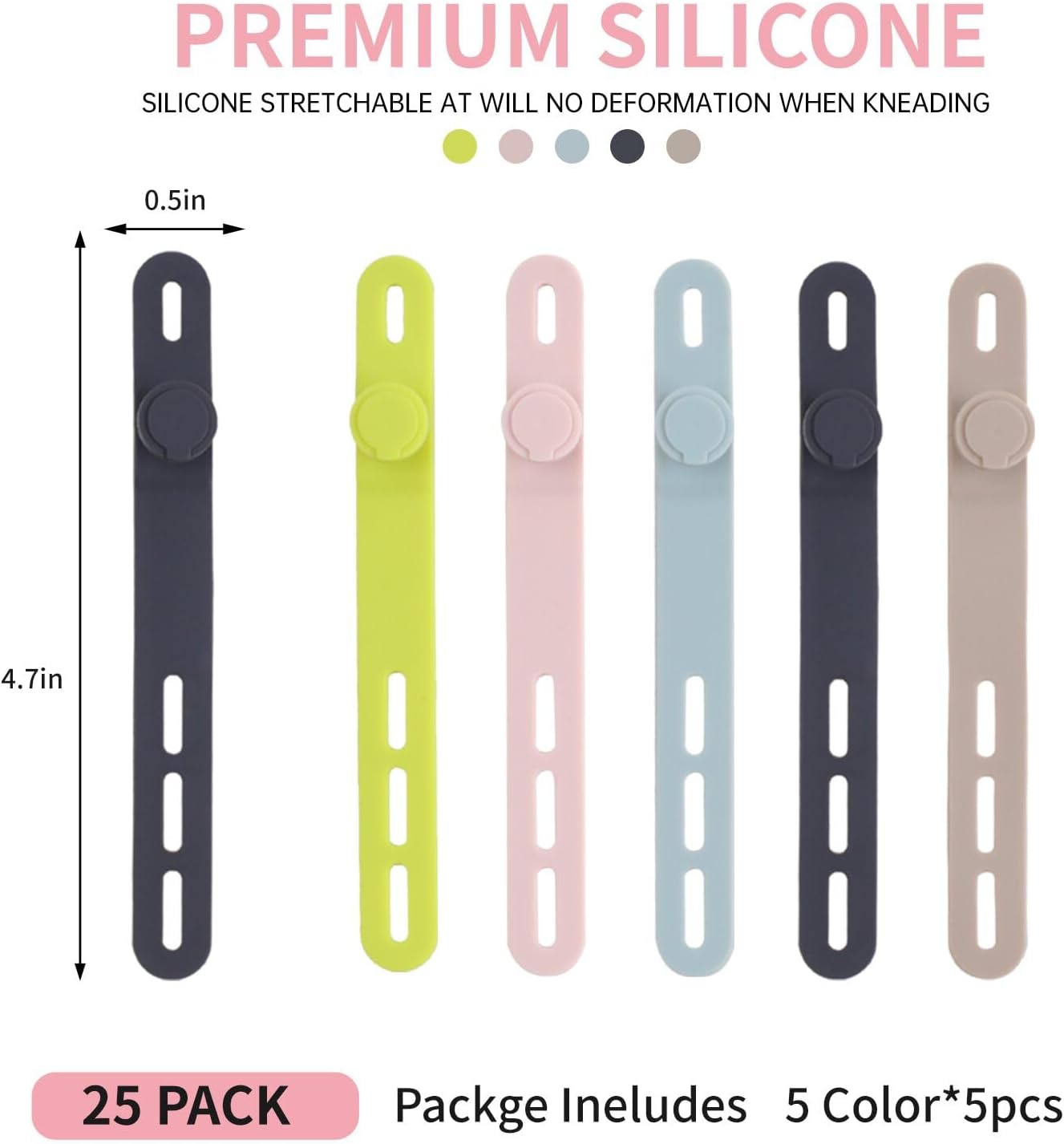 Detalle de Oligei 13GJZD0001 Silicone Cable Ties, 25-Pack, Reusable Locking Wraps