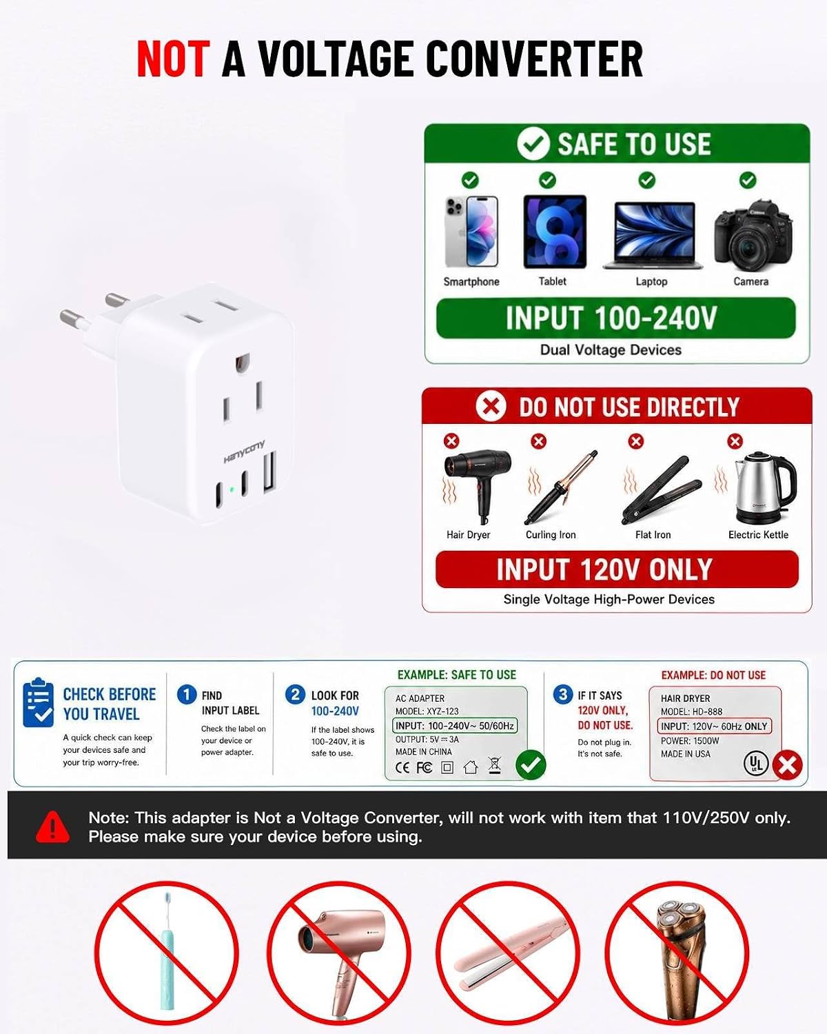 Thumbnail 6 de HANYCONY European Travel Plug Adapter USB C – 2 Outlets, 3 USB Ports (2 USB-C), US to Europe Power Adapter