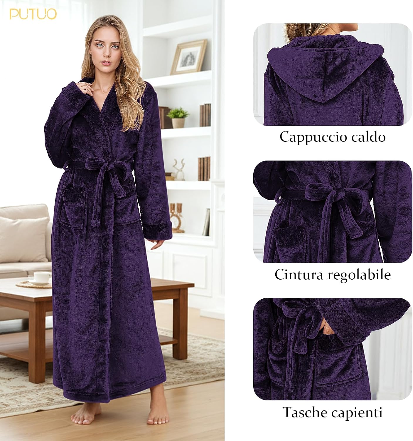 Detalle de PUTUO Vestaglia Donna Invernale Lunga con Cappuccio in Microfibra Morbida