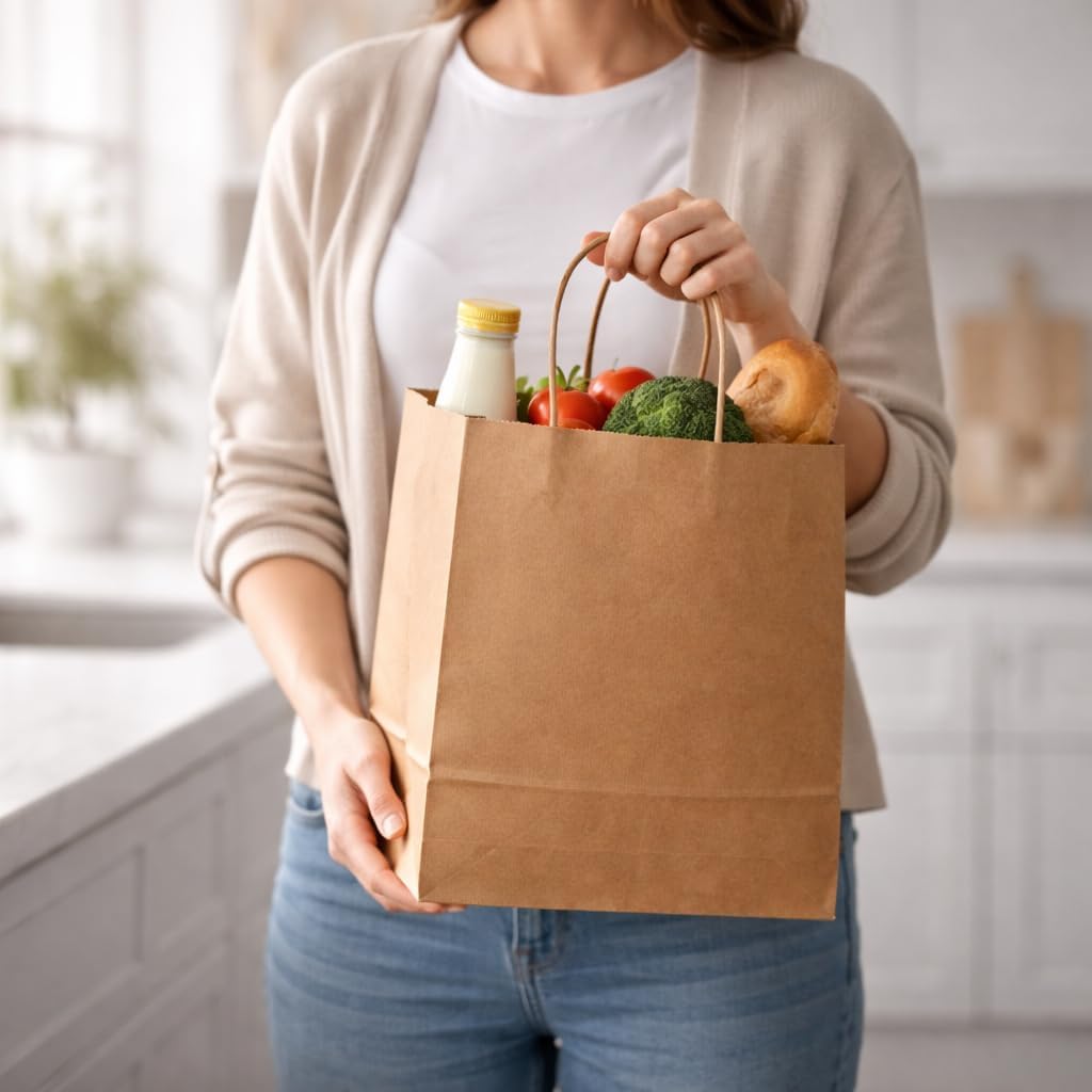 Thumbnail 5 de HURUC 100 pcs Brown Paper Bags with Handles (130GSM kraft), small gift carrier bags for parties & everyday use (18x24x8cm)