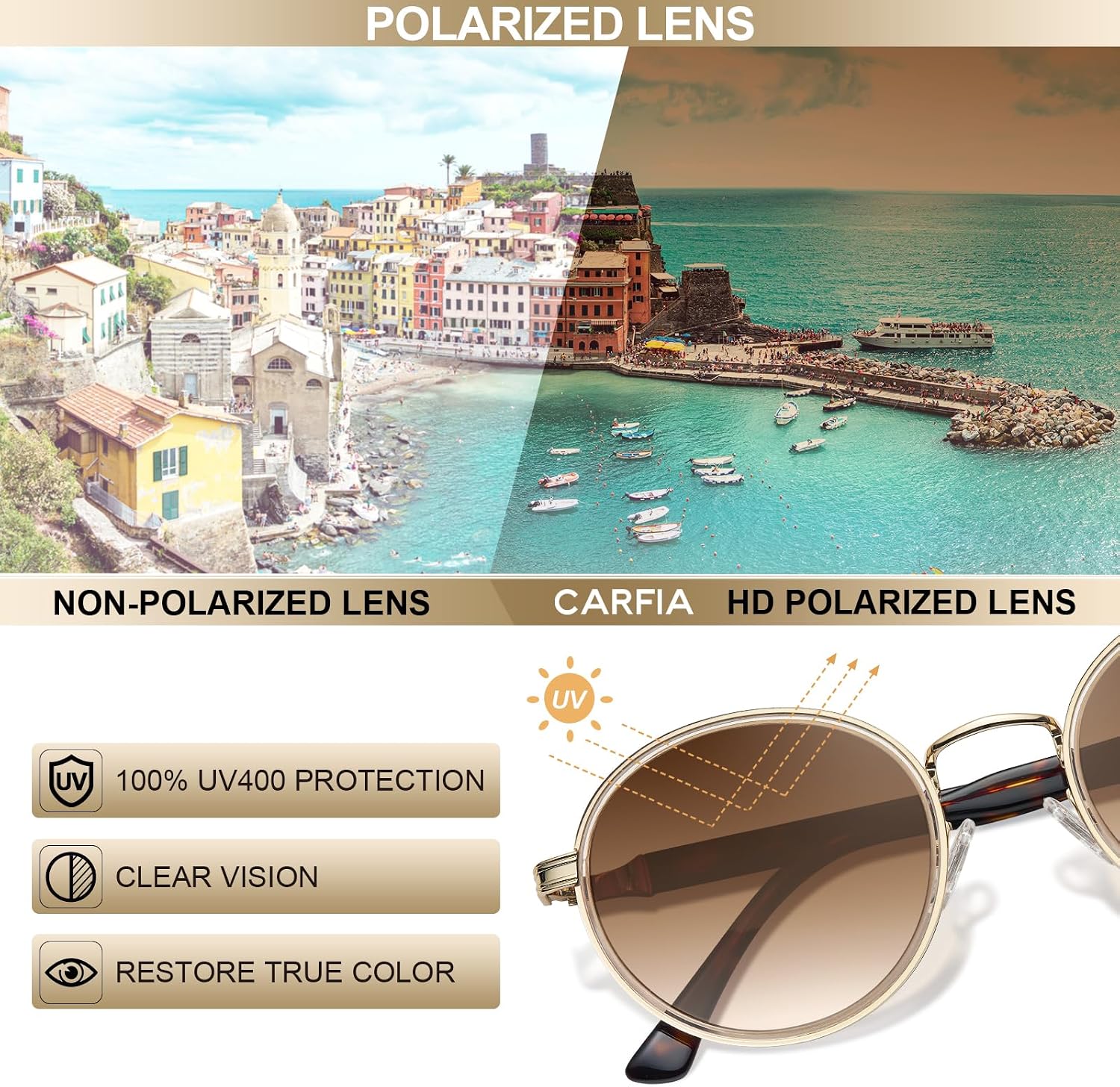 Thumbnail 3 de CARFIA Women's Polarised Round Sunglasses UV400 – Acetate & Metal Frame CA1951