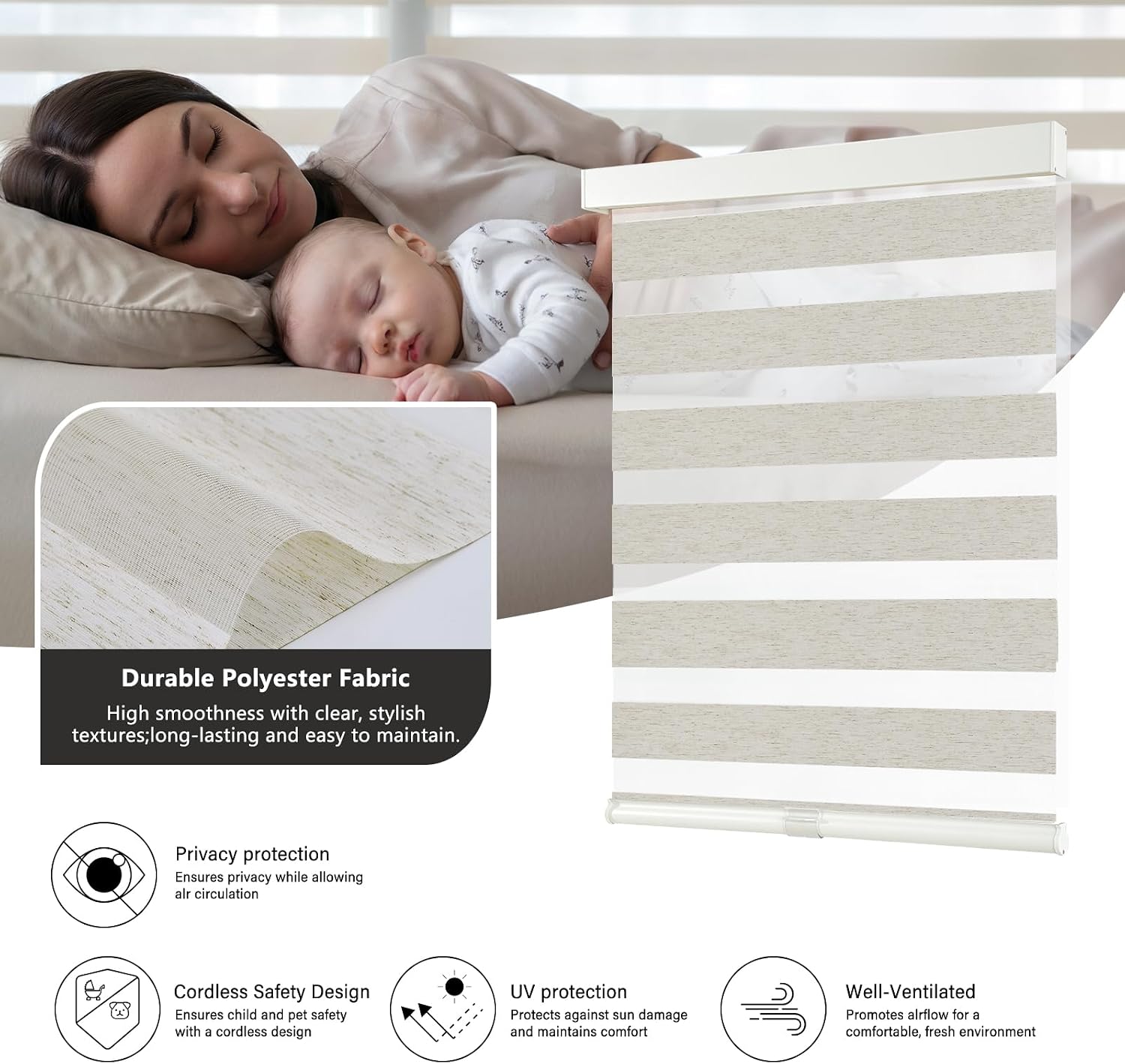 Thumbnail 2 de AOSKY Cordless Zebra Blinds, 37" W x 72" H, Linen Cream Polyester
