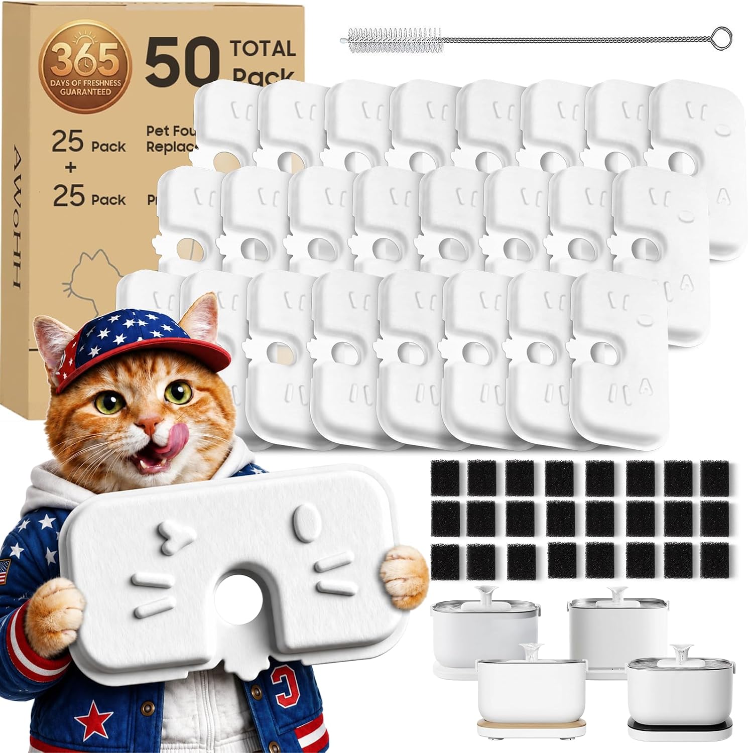 Detalle de AWoHH PTW Cat Fountain Filter Set, 25 Filters, 25 Sponges and Brush