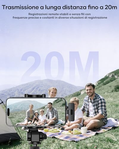 Detalle de KUKIHO 2pz Microfono Lavalier Wireless per iPhone/Smartphone: kit 2 trasmettitori + ricevitore, plug-and-play