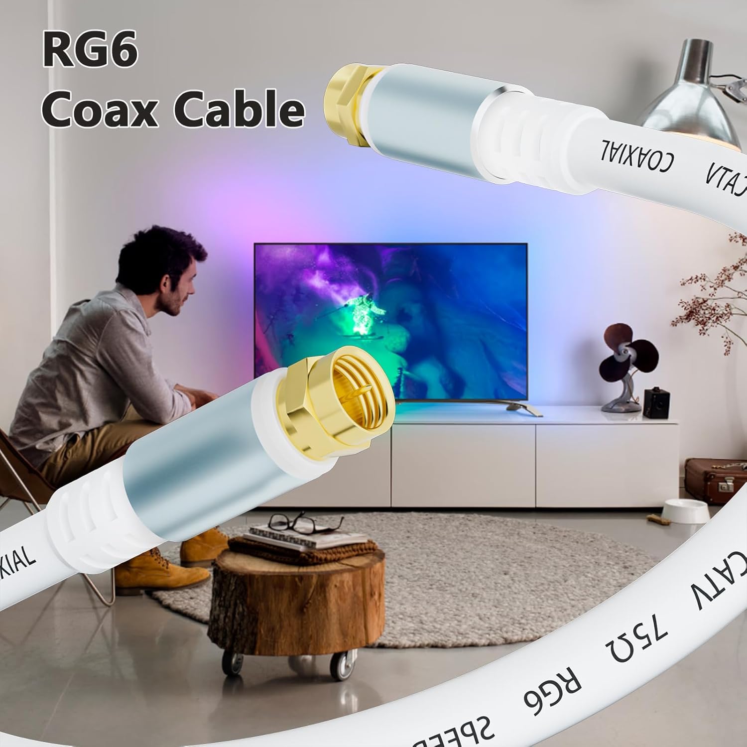 Detalle de GOSYSONG White RG6 Coaxial Cable 50ft: Premium RG6 for TV, Internet, and Satellite