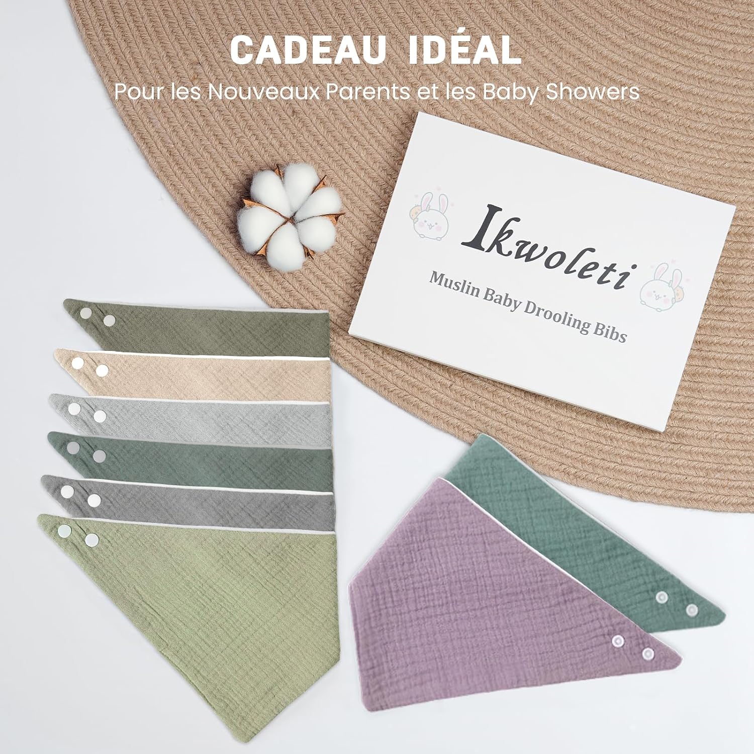 Thumbnail 5 de IKWOLETI Bavoirs Bébé Naissance Mousseline – Lot de 8 Bandana Bavoirs absorbants et ajustables