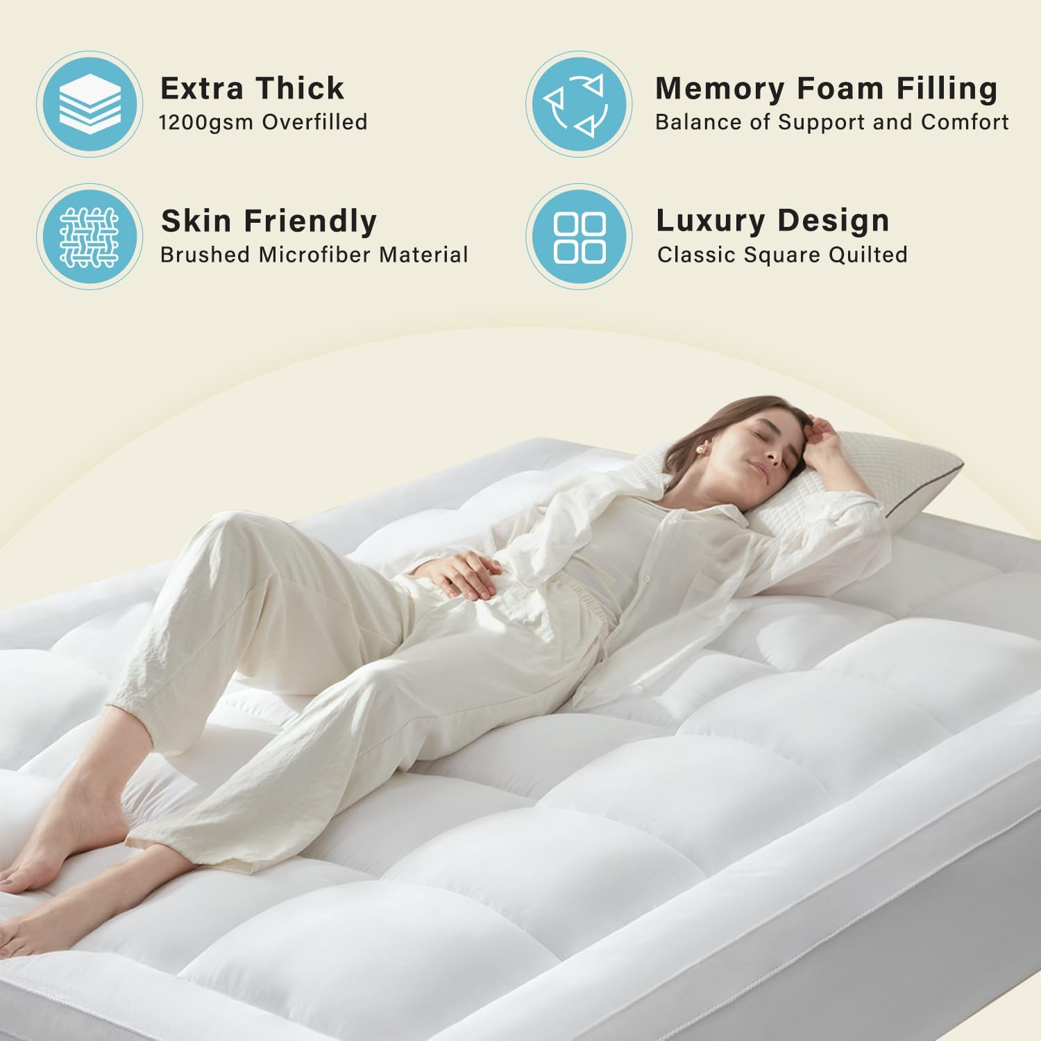 Detalle de Anluoer ANCA25MP01WH5475 Full Mattress Topper, 1200 GSM, Deep Pocket