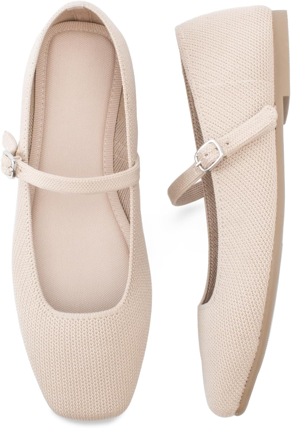 Detalle de Soesyi Knit Flats for Women: Square-Toe, Adjustable Ankle Strap Ballet Flats