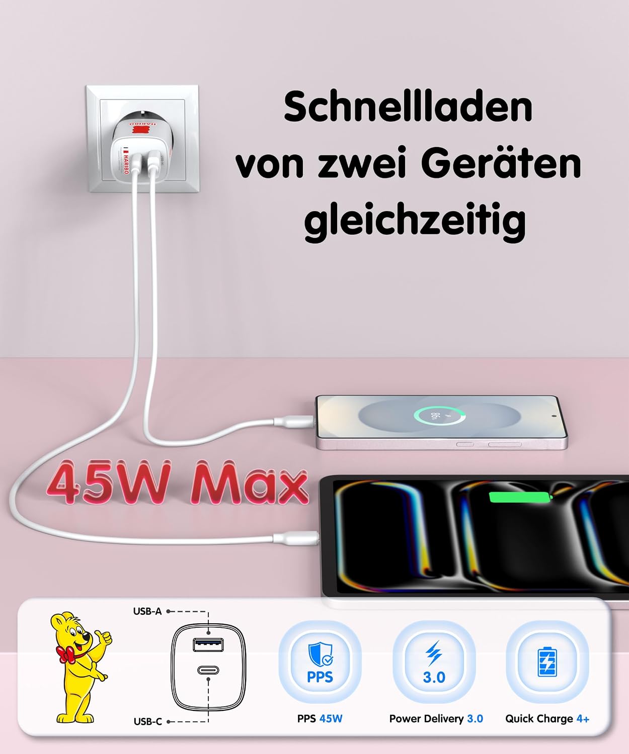 Detalle de Haribo 45W USB-C Ladegerät mit 2 Ports – GaN Schnellladeadapter, PPS, kompakt & reisefertig (Rot)