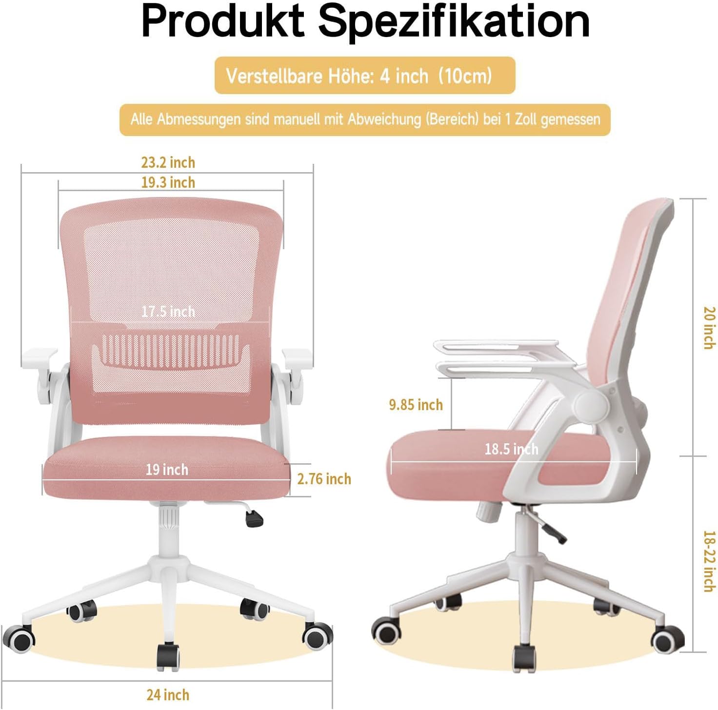Detalle de nas paluro Bürostuhl Ergonomisch mit Hochklappbaren Armlehnen Rosa – Netzrücken, Lordosenstütze und verstellbare Höhe