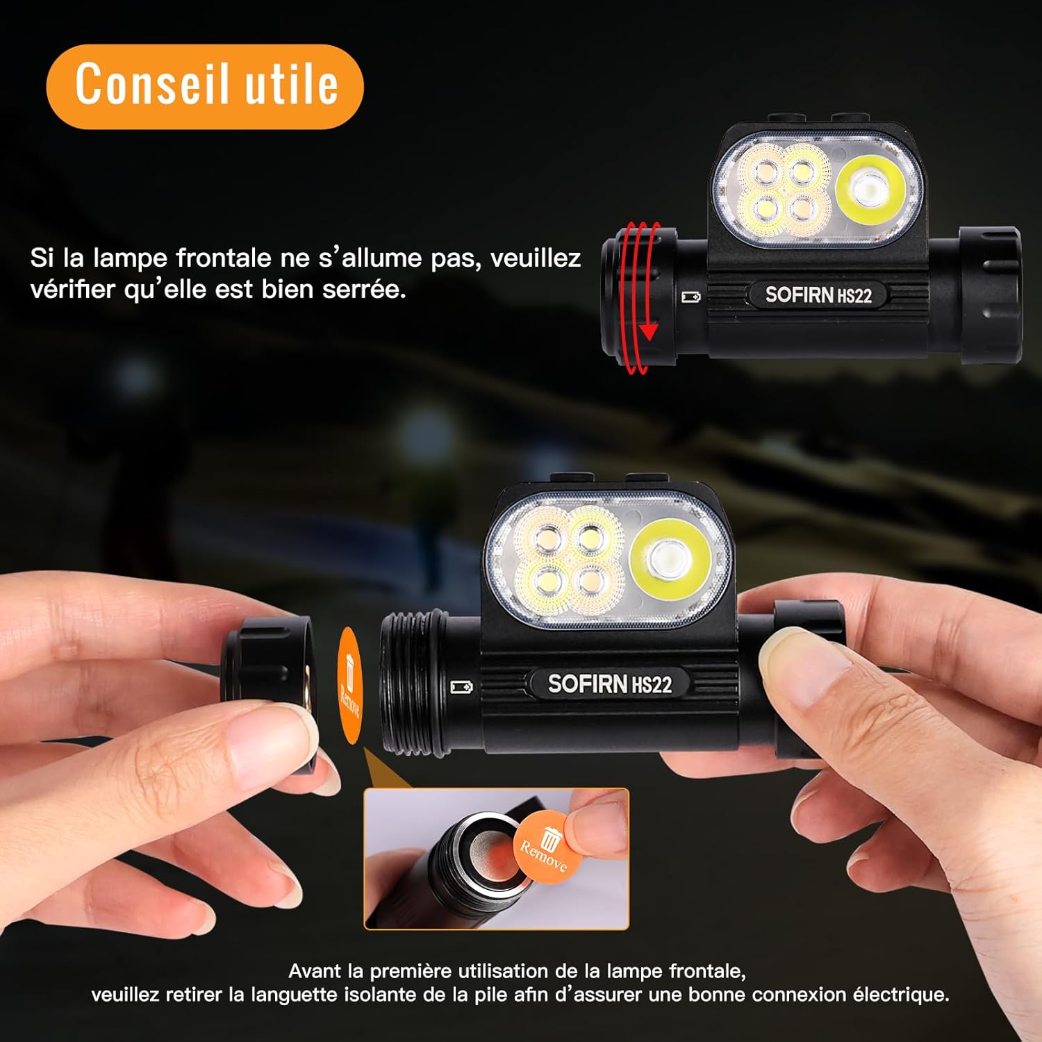 Detalle 2 de Sofirn Lampe frontale HS22 LED rechargeable 2500 lumens : faisceau ajustable et température de couleur réglable