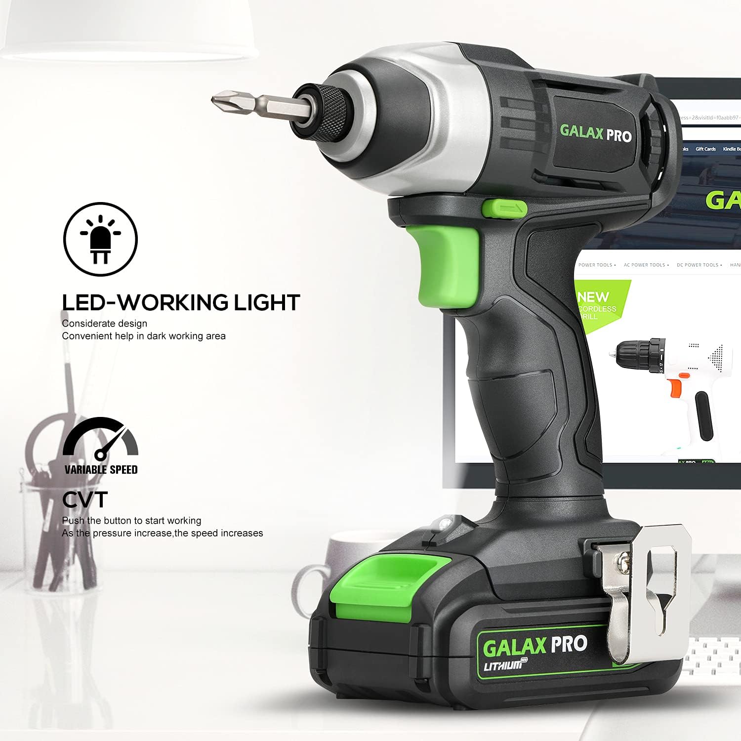 Detalle 2 de GALAX PRO Cordless Impact Driver 20V (0–2800RPM) with LED work light, 6 bit set, 1.3Ah battery & charger