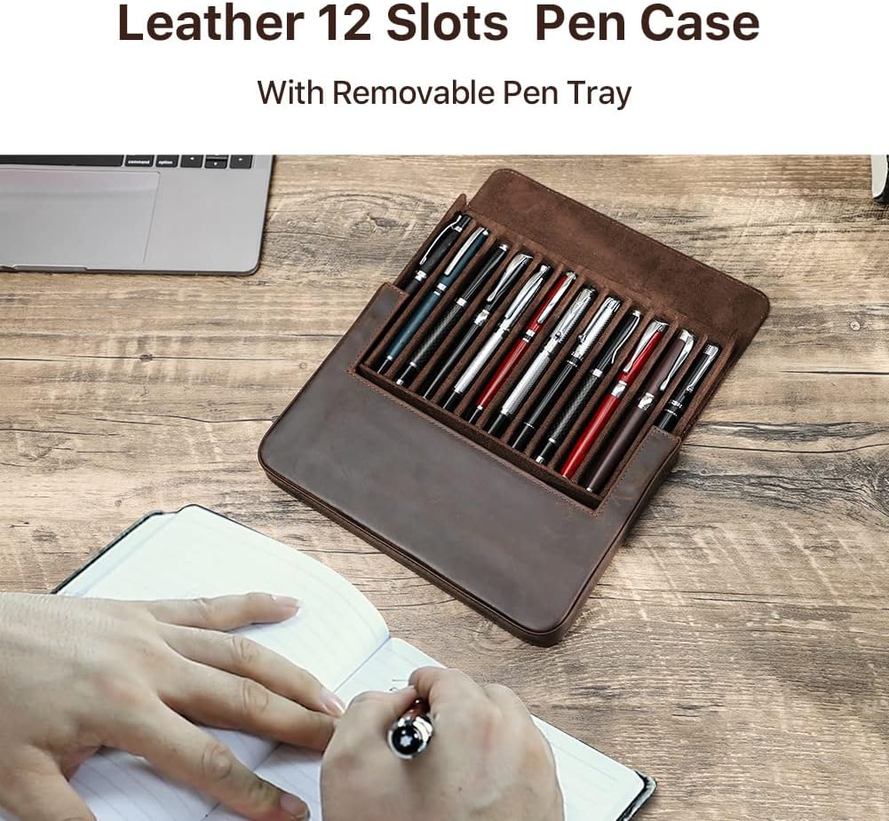Detalle 2 de Hiram Leather 12-Pen Box: Portable Leather Pen Case with Hidden Magnetic Closure (Coffee)