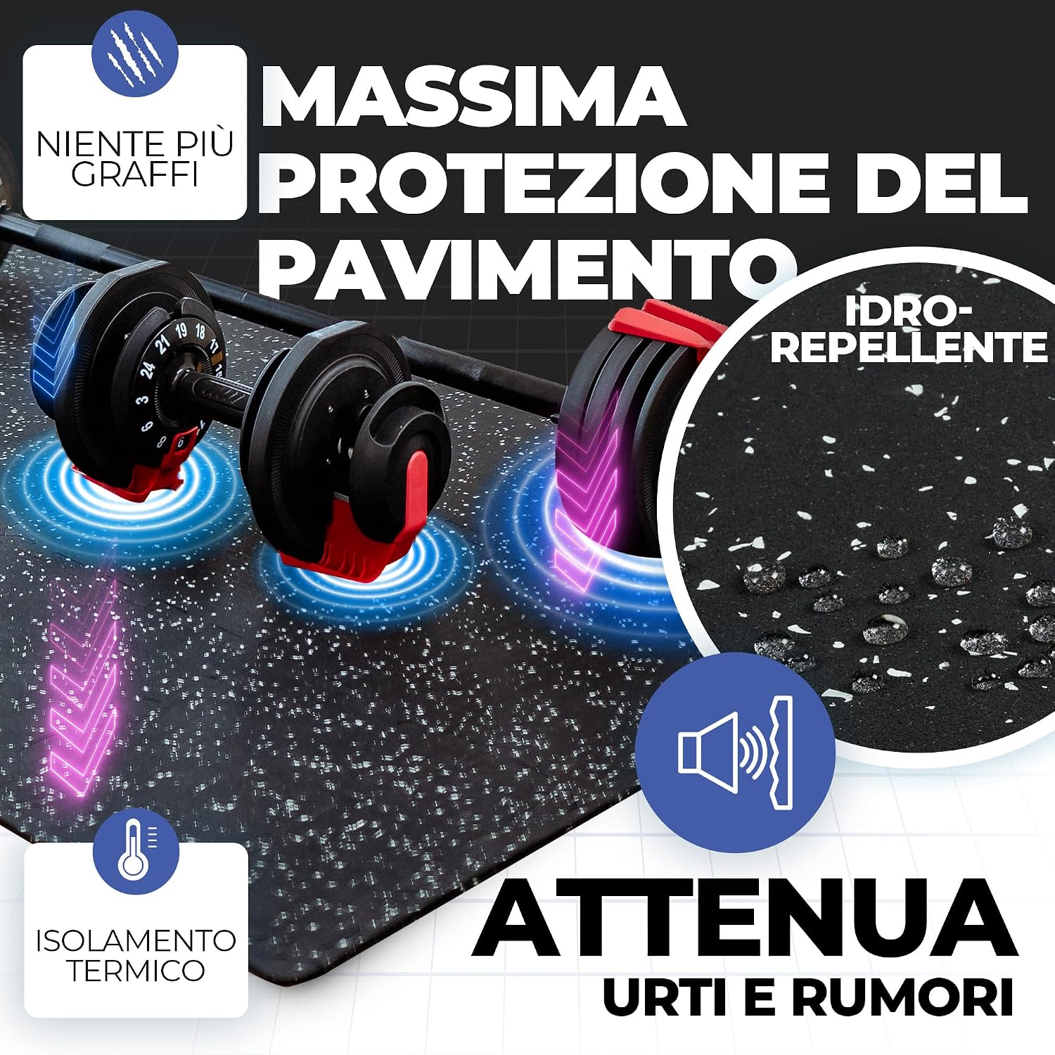 Detalle de Tappeto Palestra Puzzle in Gomma Naturale: Tappetino Fitness da Ginnastica 9 Moduli 30x30x0,6 cm + Bordo, Pavimento Protettivo per Home Gym