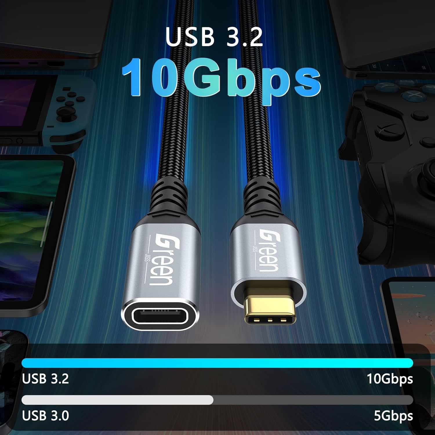 Thumbnail 3 de Green Jiss USB-C Extension Cable 10ft (20Gbps, 4K@60Hz, 240W PD) — Male to Female USB3.2 Gen2 Extender