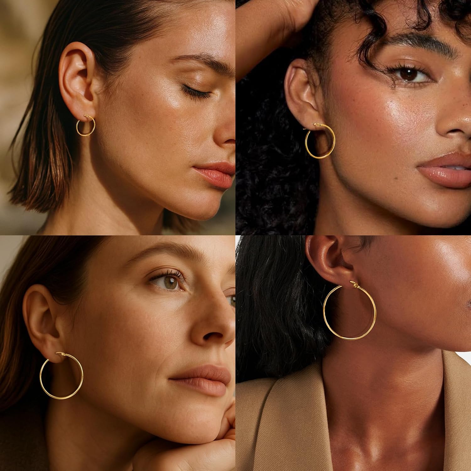 Detalle 2 de Sweetkiki 4 Pairs Gold Hoop Earrings for Women – Hypoallergenic 316L Stainless Steel, Large Hollow Hoops in 14/20/30/40mm