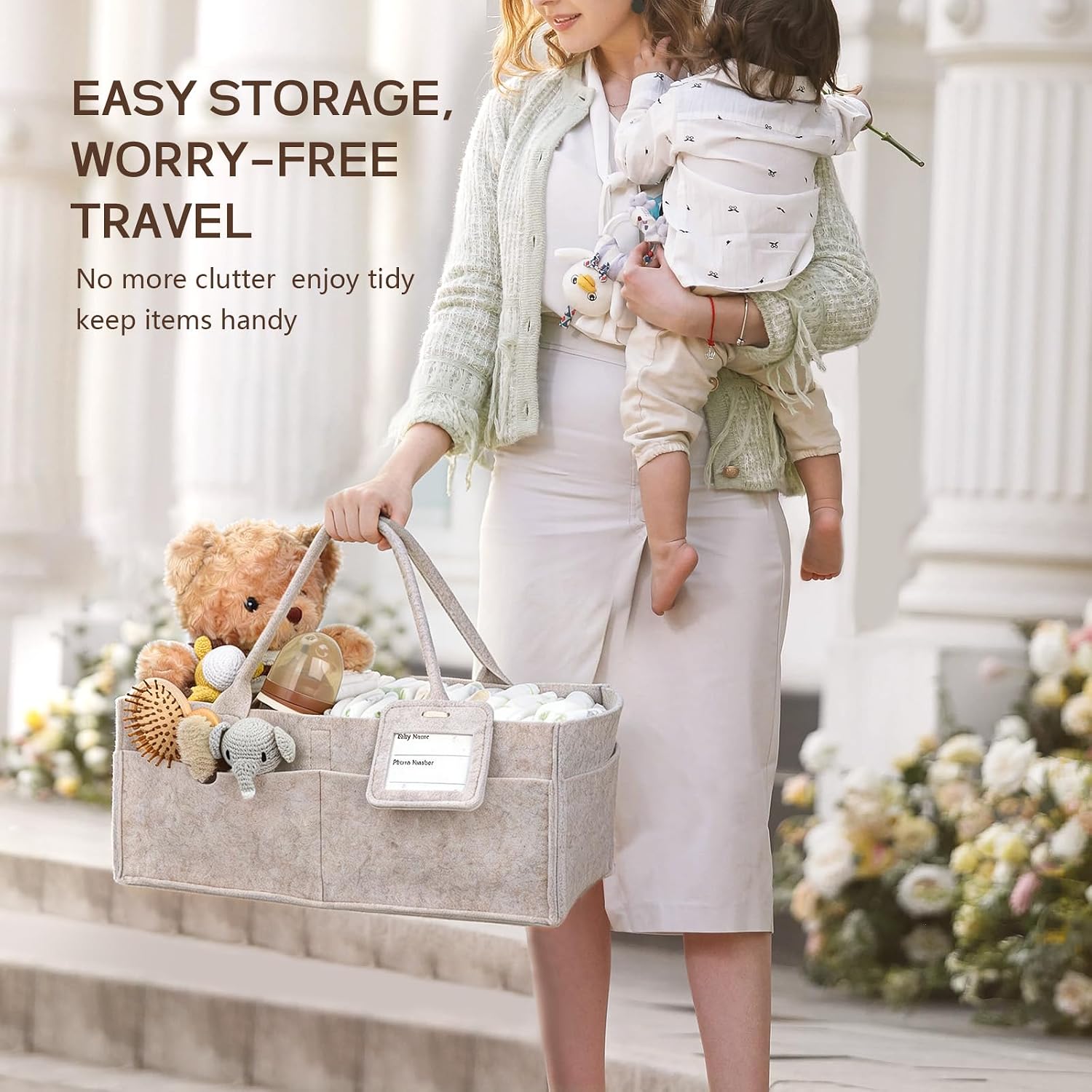 Detalle de GEMII Large Felt Diaper Caddy Organizer, Oatmeal, 4 Compartments and 8 Pockets